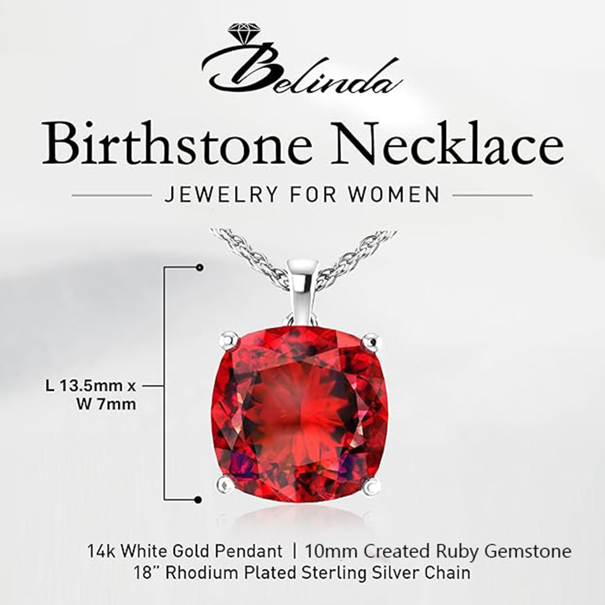14K White & Yellow Gold Birthstone Pendant Necklace for Women - Sparkling Cushion Cut Gemstone on Sterling Silver Chain - Elegant Fine Jewelry Gift for Birthday, Anniversary & Special Occasions
