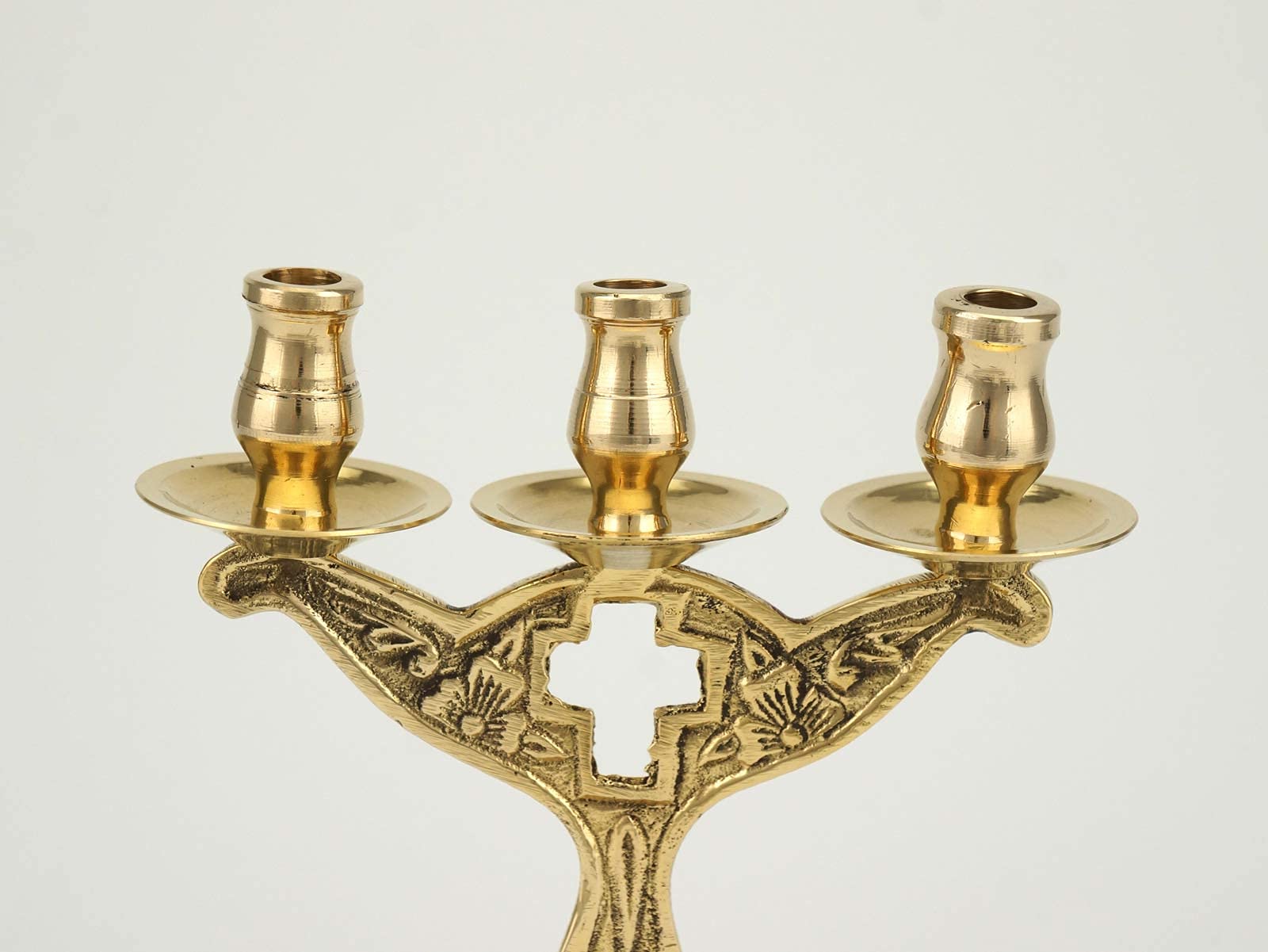 Orthodox Cross Candelabra - Christian 3-Candle Holder with Drip Trays for Home Altar & Prayer Corner | Perfect for Religious Ceremonies, Church Decor & Spiritual Meditation