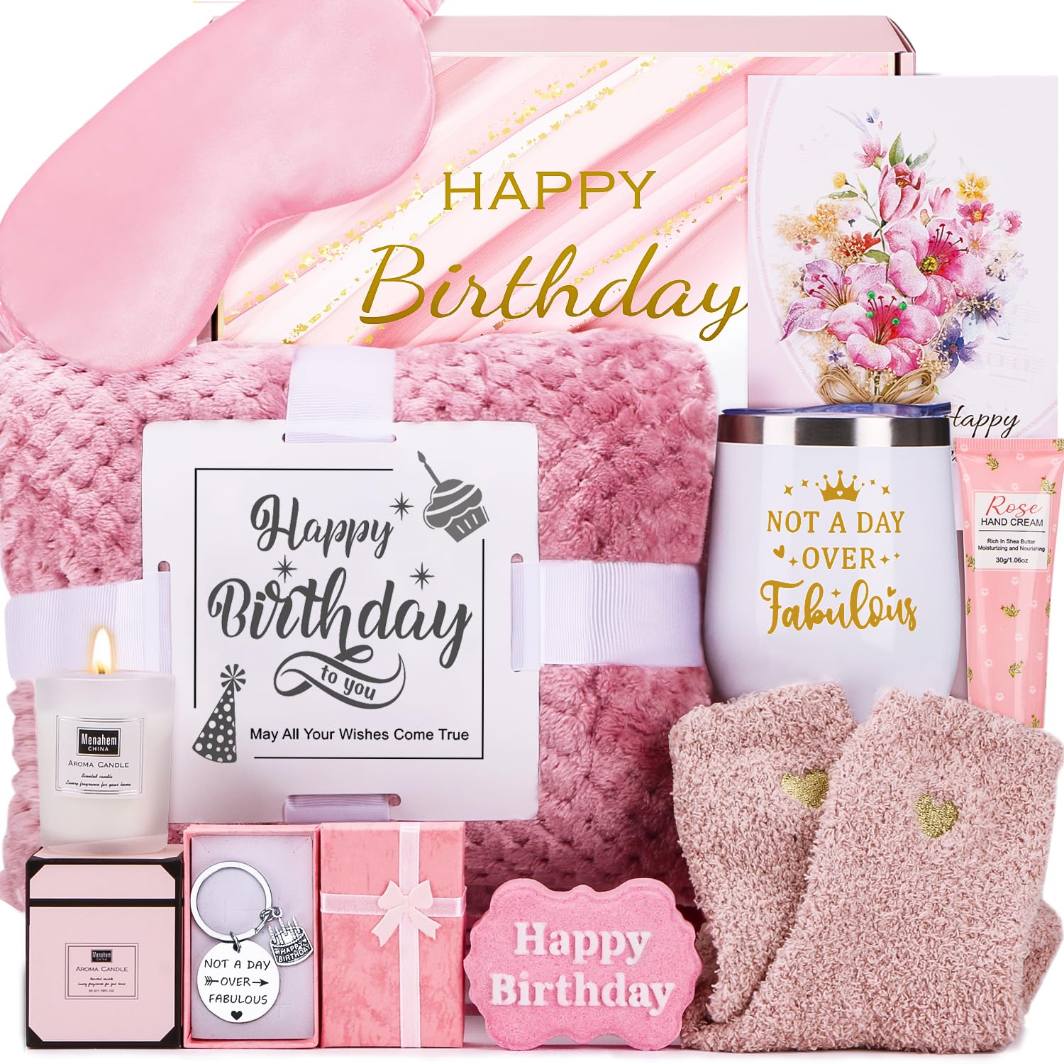 Unique Relaxing Spa Birthday Gift Basket for Women - Perfect Birthday Gifts for Her, Mom, Sister, Best Friend, Girlfriend, Coworker or Wife | Luxury Care Package with Cozy Blanket | Ideal for Self-Care, Pampering & Special Occasions