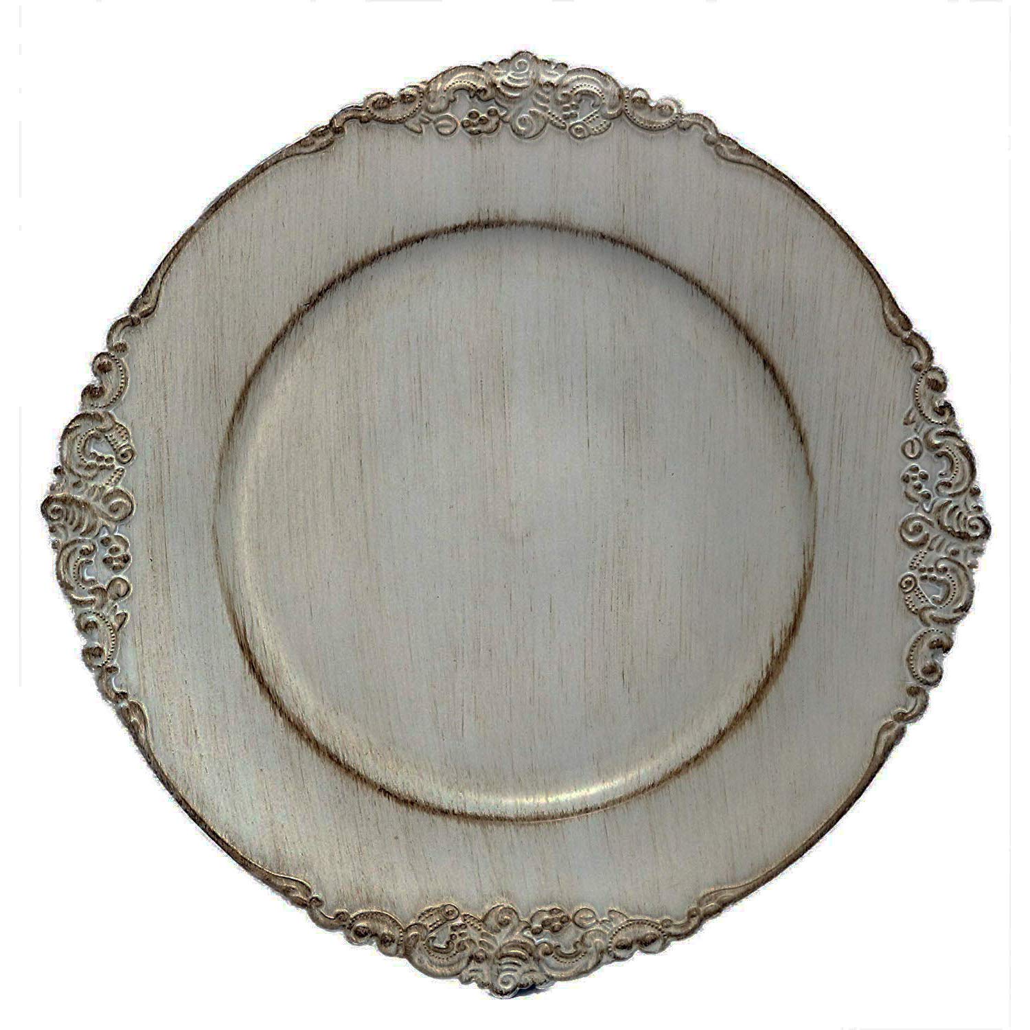 Vintage Grey Round Dinner Charger Plates - Set of 4, Heavyweight Antique Style for Wedding Reception & Table Settings - Perfect for Formal Dining, Holiday Decor, and Special Occasions