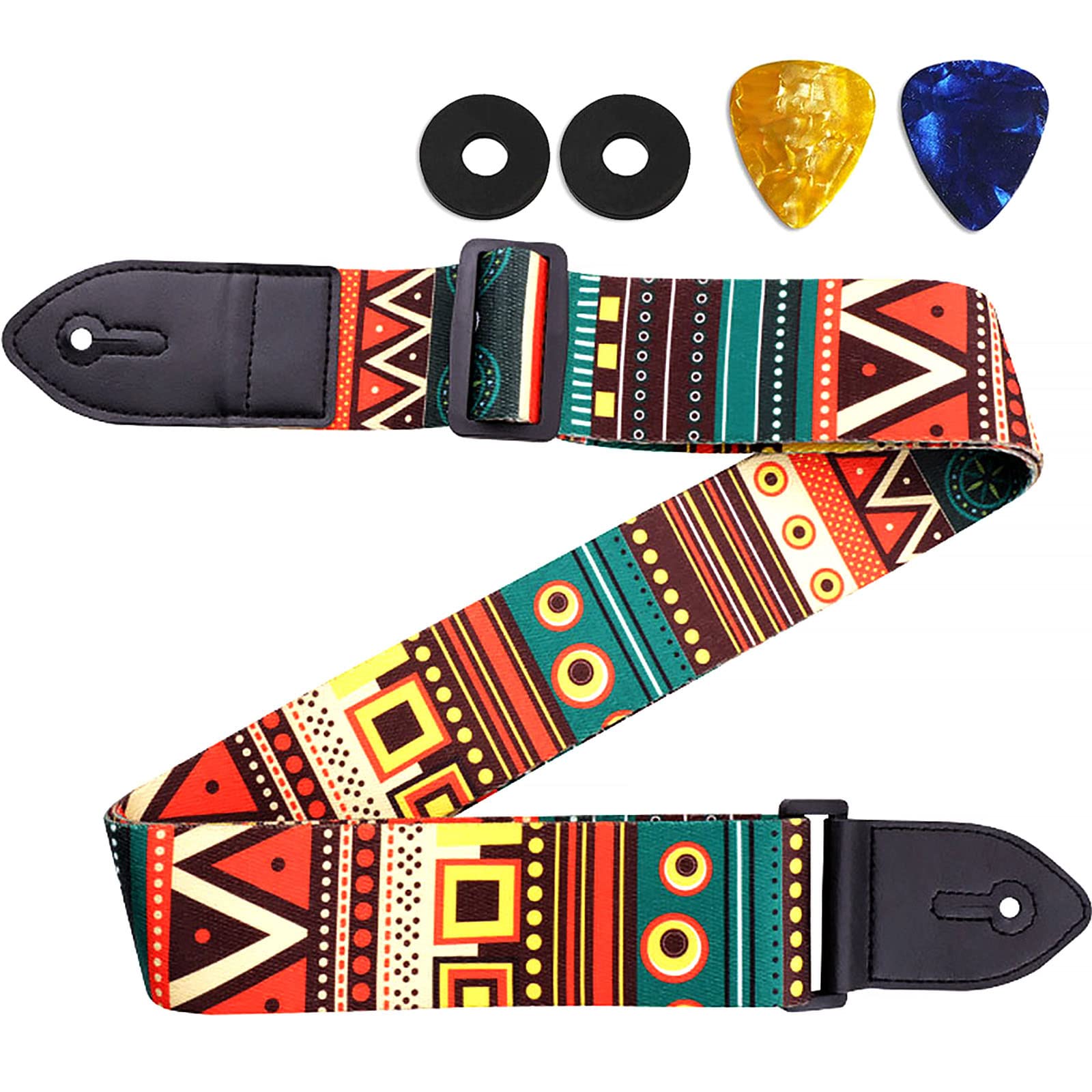 Premium Guitar Strap for Acoustic & Electric Bass - Adjustable Leather Ends with Strap Locks & Includes Free Picks - Perfect for Live Performances, Studio Sessions & Practice