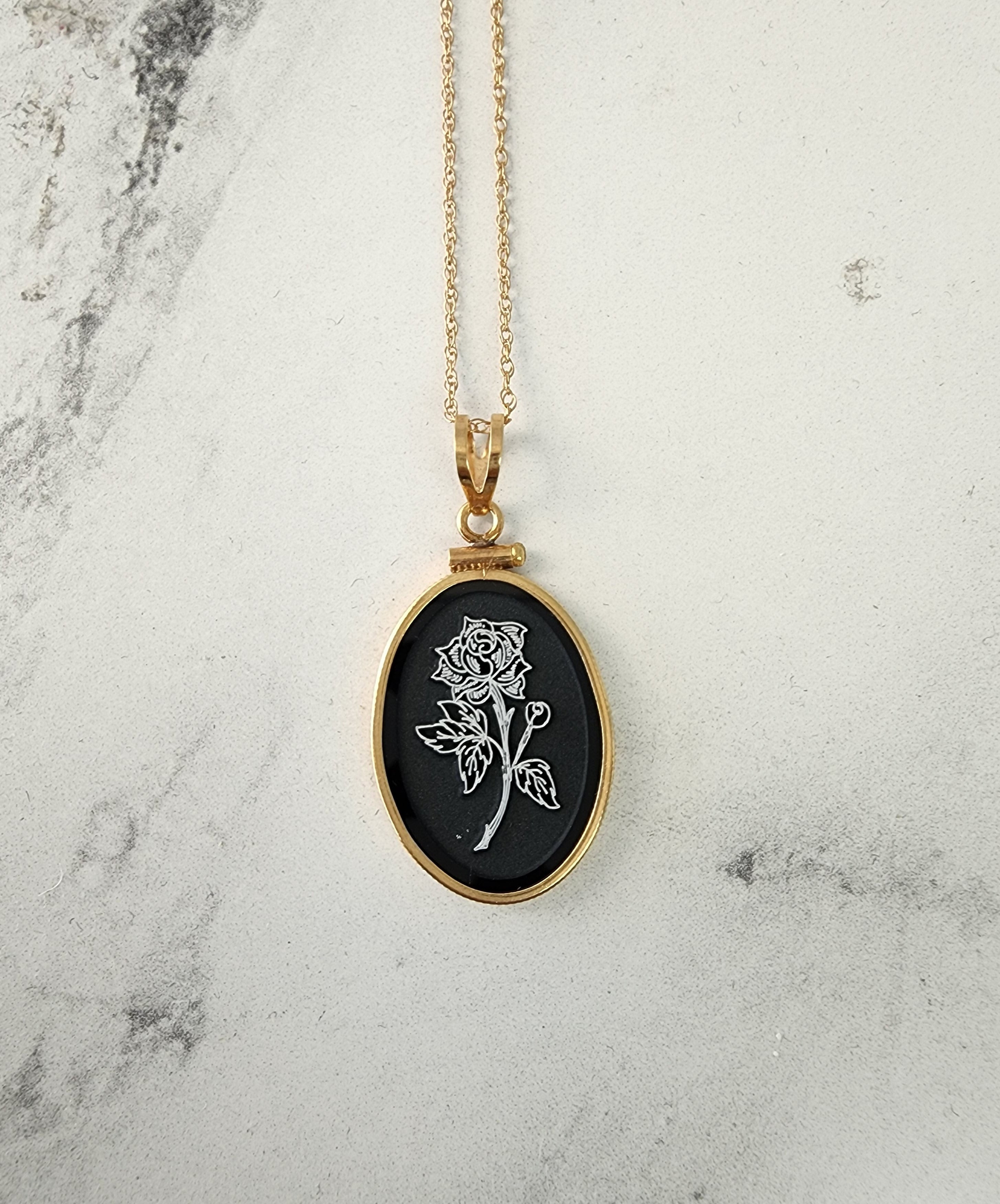Black Onyx Rose Flower Etched Oval Pendant Necklace - Elegant Jewelry for Women, Perfect Gift for Valentine's Day, Anniversary & Special Occasions