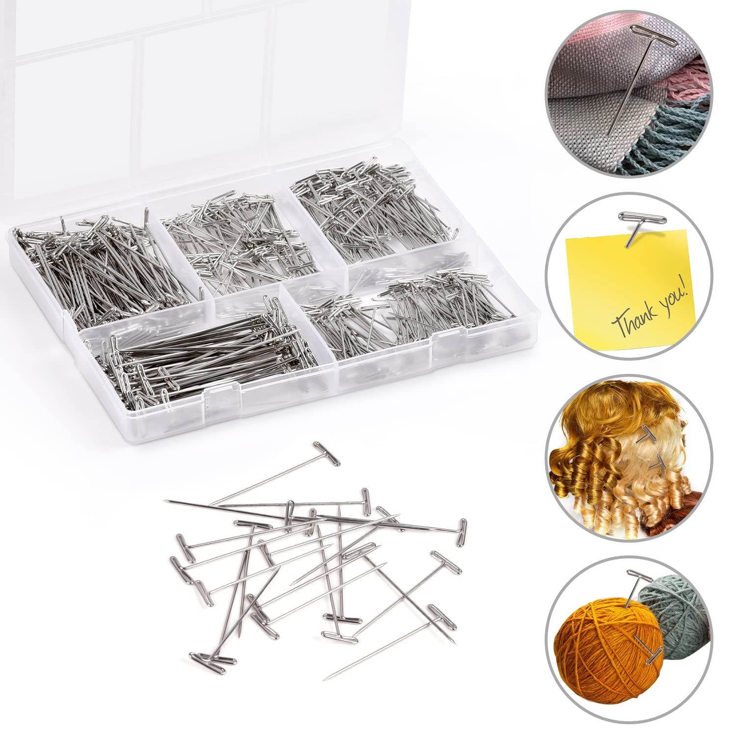 ARRITZ 260pcs T Pins for Wig Making - 5 Sizes (2inch, 1.7inch, 1.4inch, 1.3inch, 1inch) - Straight Sewing Pins for Crochet Blocking, Hat Making, Modeling & DIY Crafts - Perfect for Wig Styling, Fabric Pinning & Sewing Projects