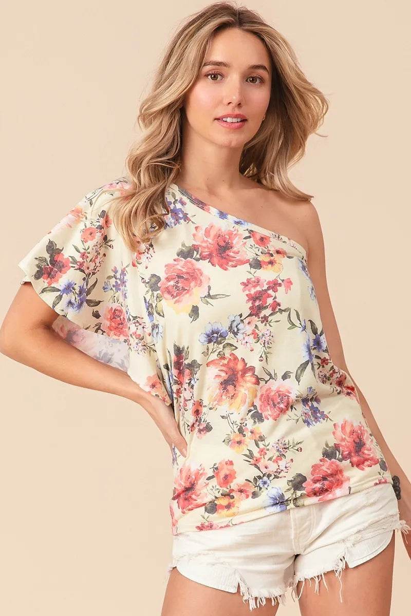 BiBi Floral Printed Jersey Knit Ruffle Sleeve Top for Women | Soft Stretch Casual Blouse | Perfect for Spring Outfits, Date Nights & Office Wear