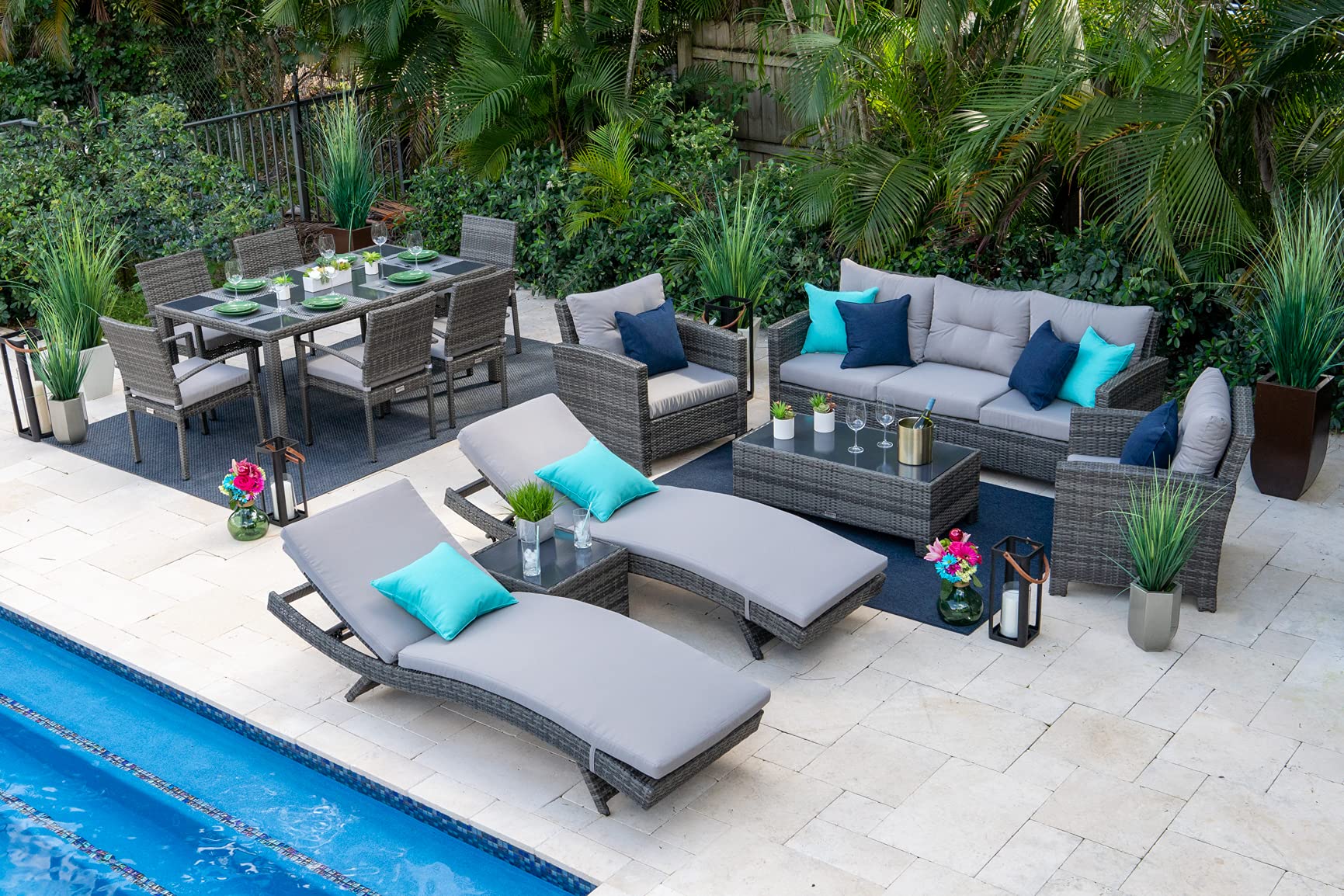 Bari 14-Piece Resin Wicker Outdoor Patio Furniture Set in Mixed Gray - Sofa, 6-Seat Dining Table & Chaise Lounge | Durable All-Weather Wicker for Backyard, Poolside & Garden Relaxation