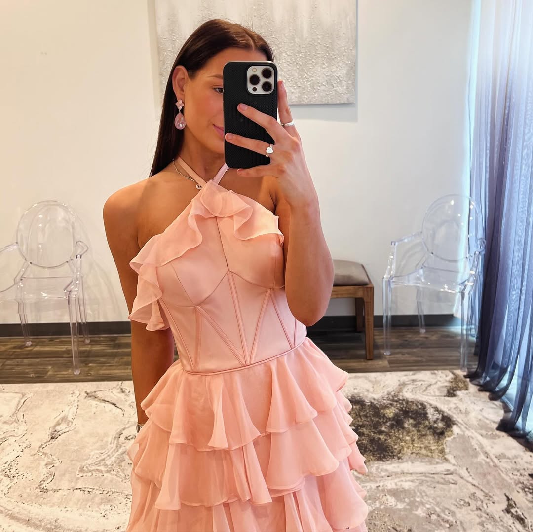 Elegant Pink Halter A-Line Tiered Long Prom Dress for Formal Evening Events - Perfect for Homecoming, Prom, and Black Tie Occasions - Style J5543