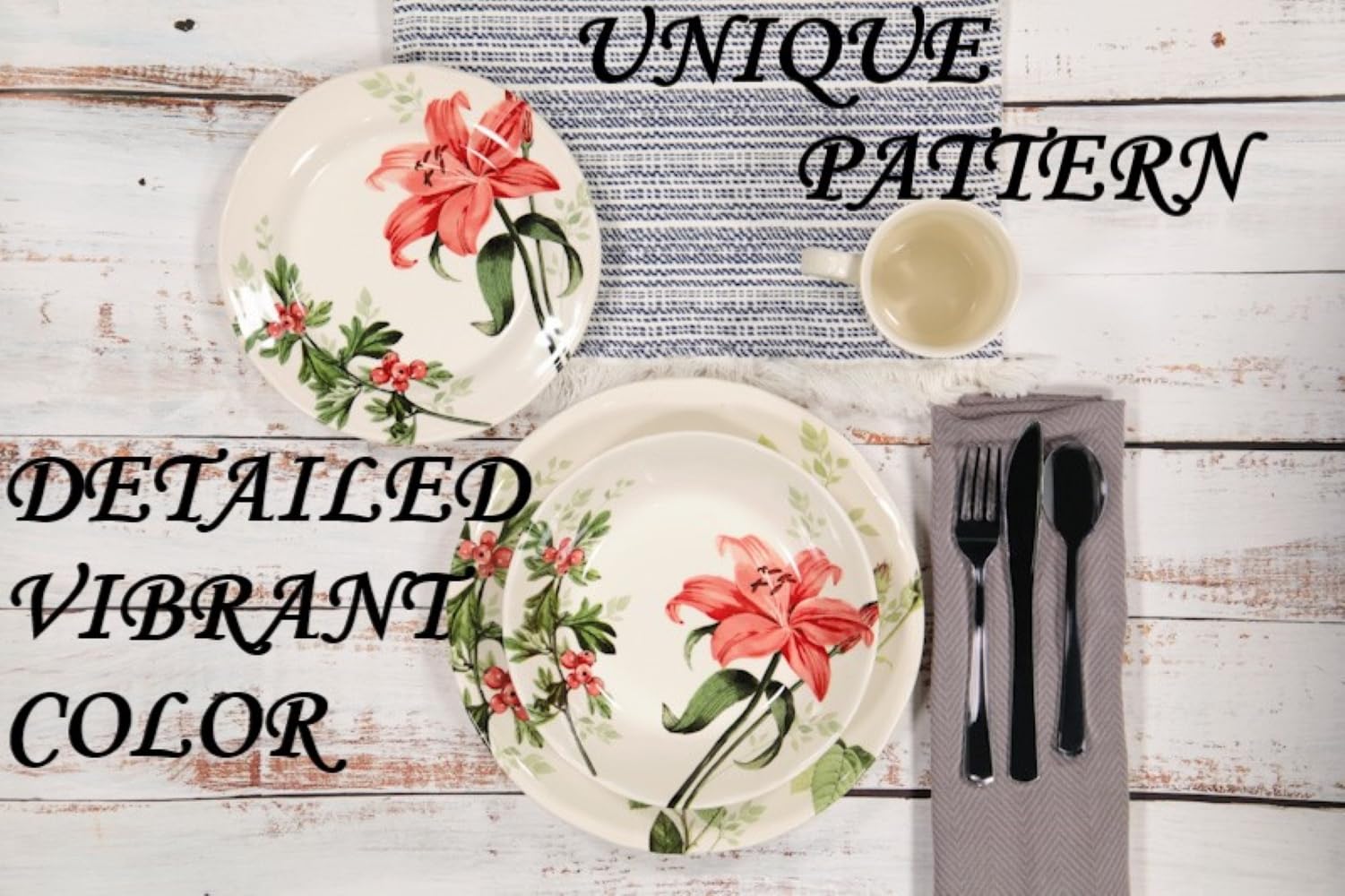 Tudor Royal 16-Piece Round Porcelain Dinnerware Set - Service for 4 - Elegant Rosemary & Summer Flowers Design - Premium Glossy Plates, Bowls & Dishes - High Quality Unique Pattern Dinnerware - Perfect for Family Dining, Dinner Parties & Special Occasions