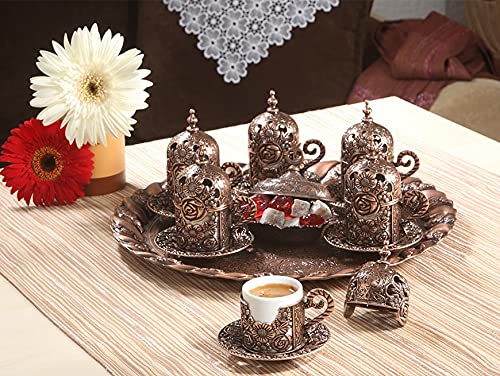 Premium Espresso Coffee Cups Set - Turkish Arabic Greek Coffee Cups for Women & Men - Elegant Rose Design Copper Coffee Set for 6 - Perfect for Home, Office, Wedding Gifts & Entertaining Guests