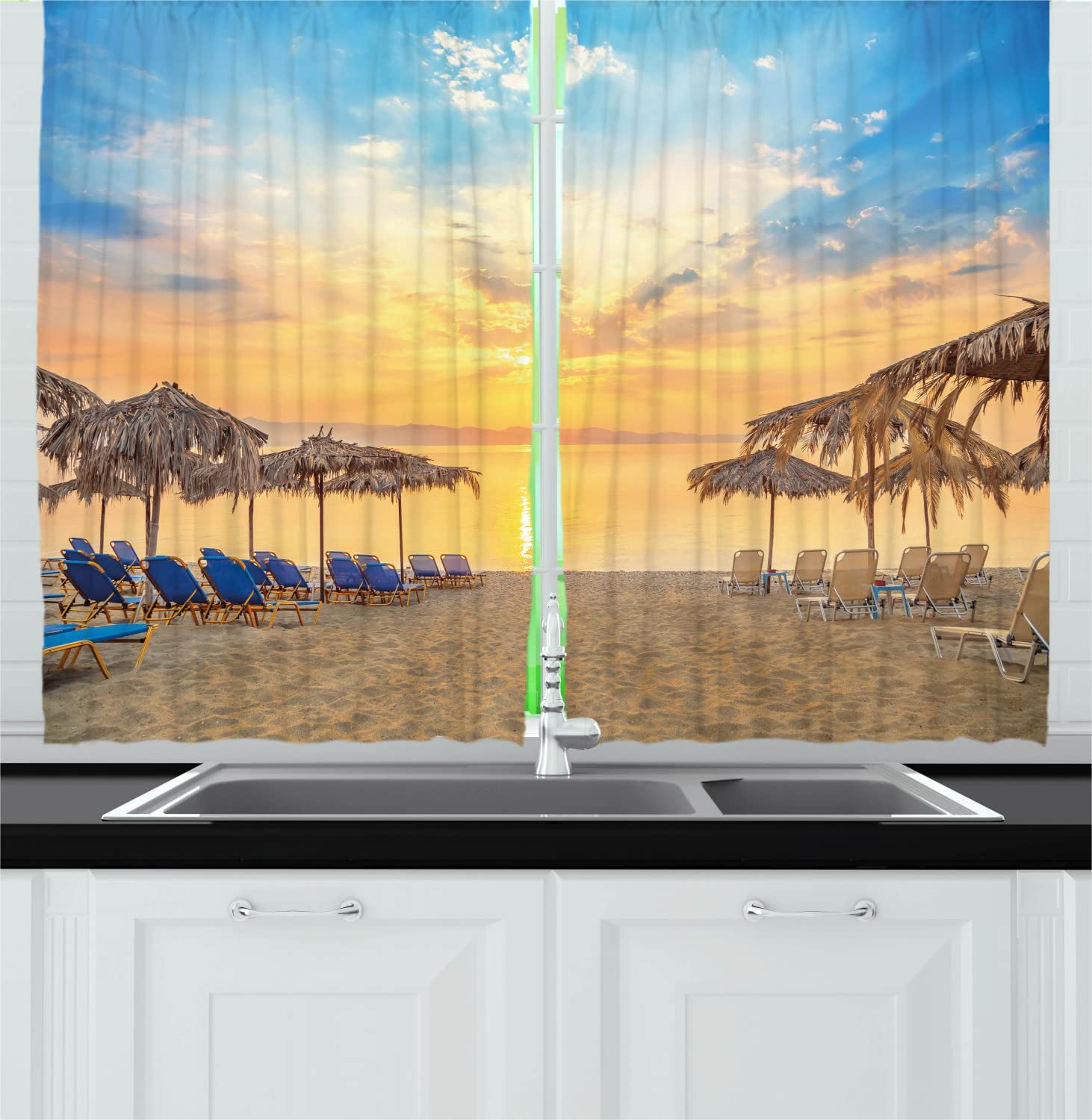 Ambesonne Summer Beach Themed Kitchen Curtains - Tropical Sunrise Design with Rod Pocket, 55