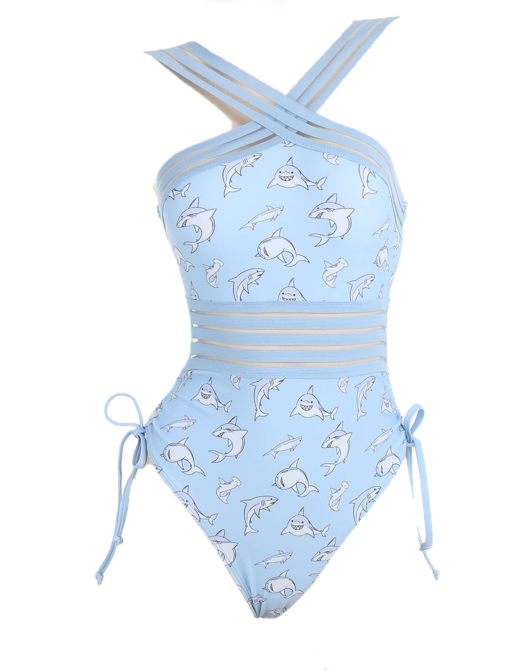 Haikyuu Anime Women's One Piece Swimsuit - Kawaii Bathing Suit with Front Crossover Design, Hollow Out & Shark Strawberry Milk Prints | Perfect for Beach, Pool Party, Cosplay and Summer Vacation