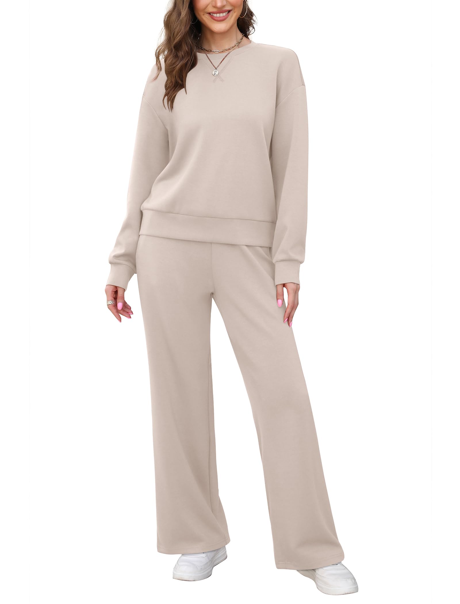 Women's 2-Piece Lounge Set - Soft Crewneck Sweatshirt & Wide Leg Sweatpants | Cozy Matching Outfit for Travel, Fall Season & Home Relaxation