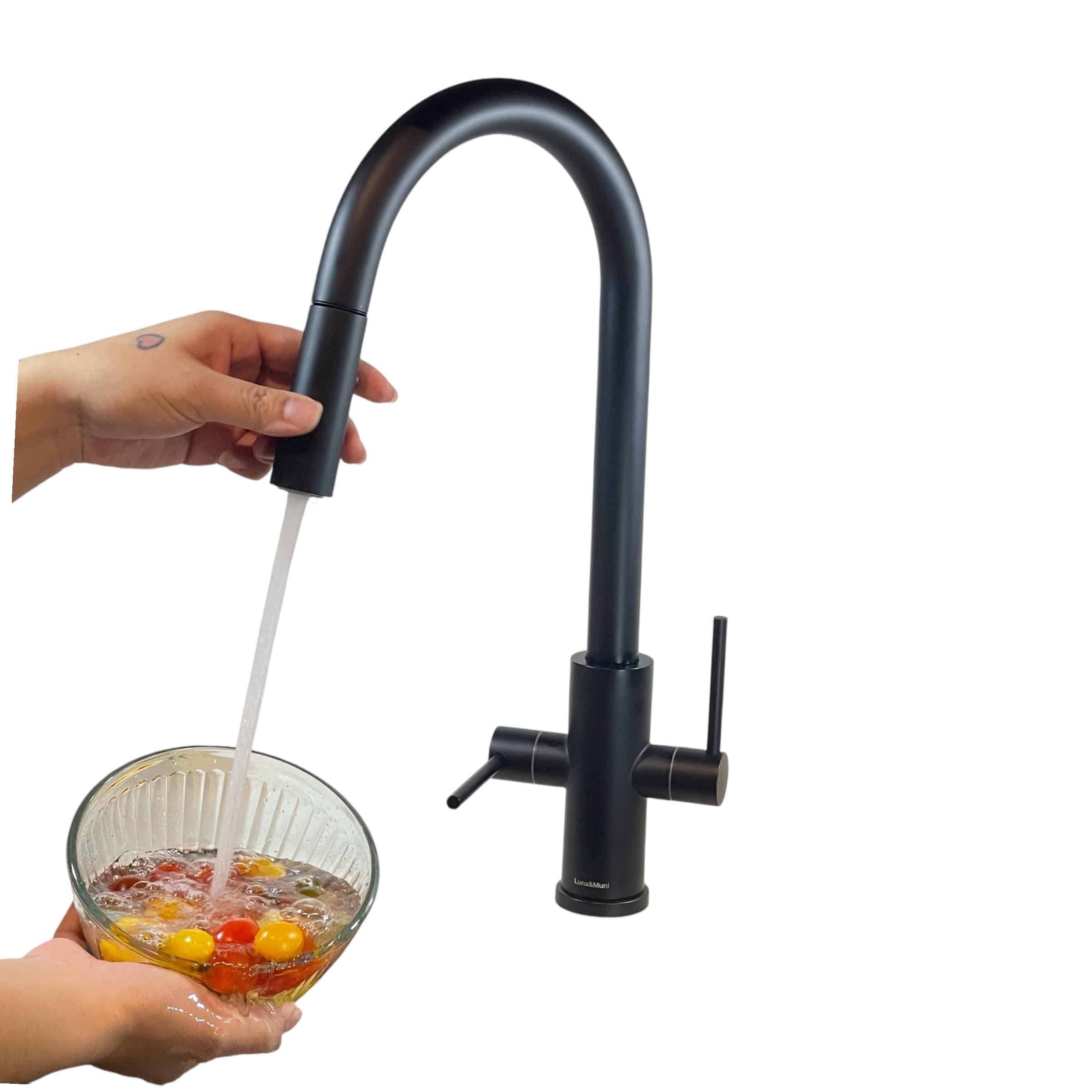 Luna&Muni Matte Black Kitchen Faucet with Pull Down Sprayer - Modern Stainless Steel Sink Faucet for Home, Restaurant & Commercial Use