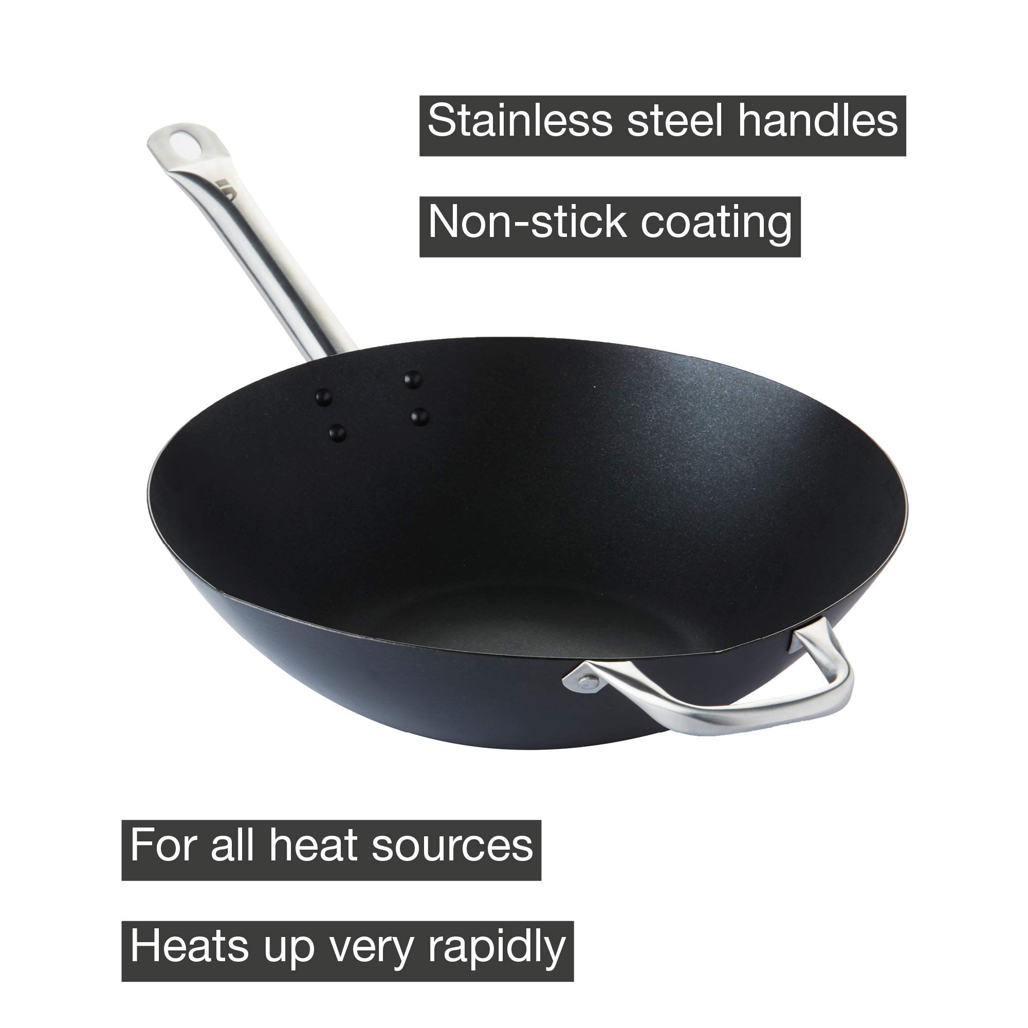 Carbon Steel Non-Stick Wok Pan 36cm - Stainless Steel Handle - Black Coating - Perfect for Stir-Frying, Sautéing & Deep Frying - Professional Restaurant Quality Cookware for Home Chefs