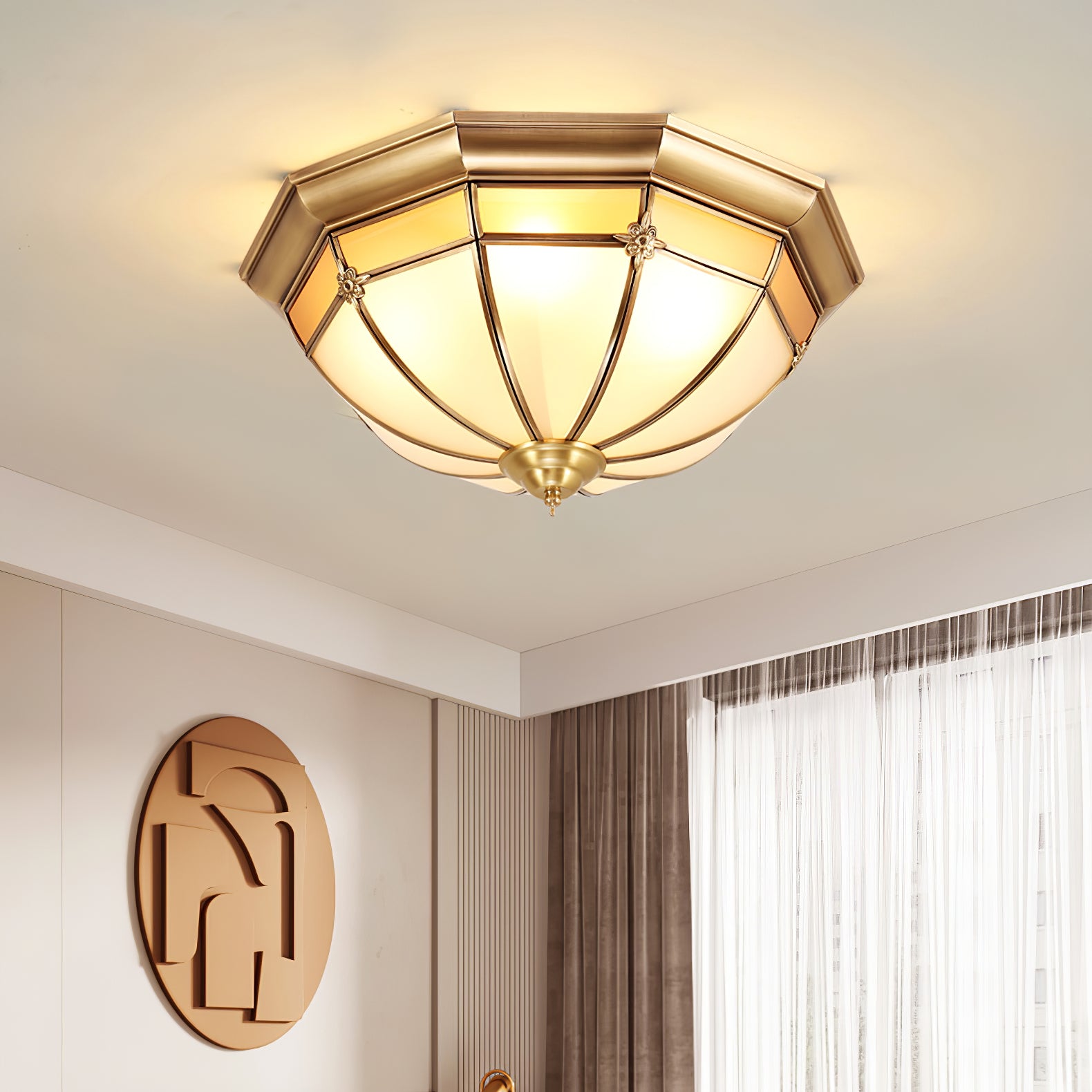 Brass Flush Mount Ceiling Light - Vintage Dome Fixture for Bedroom, Living Room & Dining Room Lighting