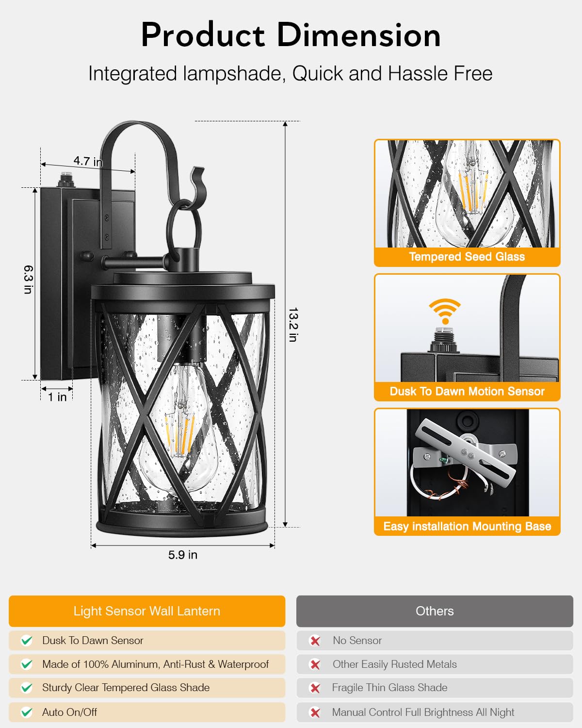 VIANIS Dusk to Dawn Outdoor Lights - Waterproof Black Porch Light Fixture with Tempered Glass & Anti-Rust Design for House Entryway, Front Porch, Garden, Patio - Perfect for Home Security and Nighttime Illumination
