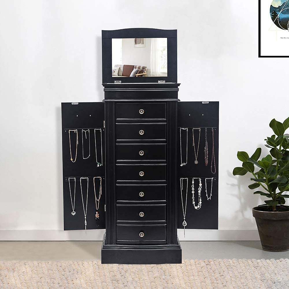 Premium Wooden Jewelry Armoire with 8 Drawers & Full-Length Mirror - Free Standing Jewelry Storage Cabinet Organizer for Necklaces, Bracelets, Earrings, Watches & Cosmetics - Perfect for Bedroom, Closet or Dressing Room Organization