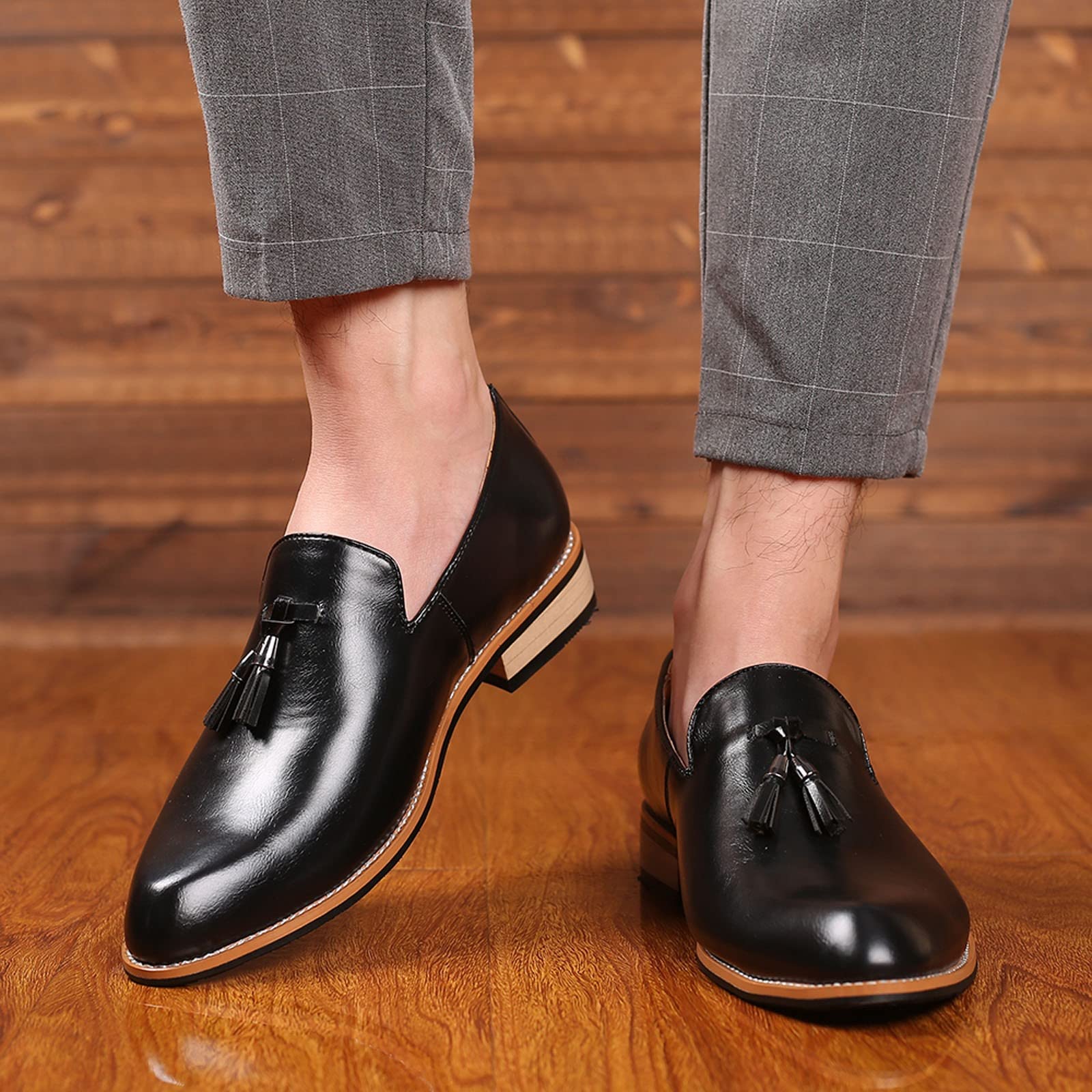 Men's Breathable Slip-On Leather Shoes with Tassel - Comfortable Business & Casual Loafers in Red - Size 42 | Perfect for Office, Travel & Everyday Wear