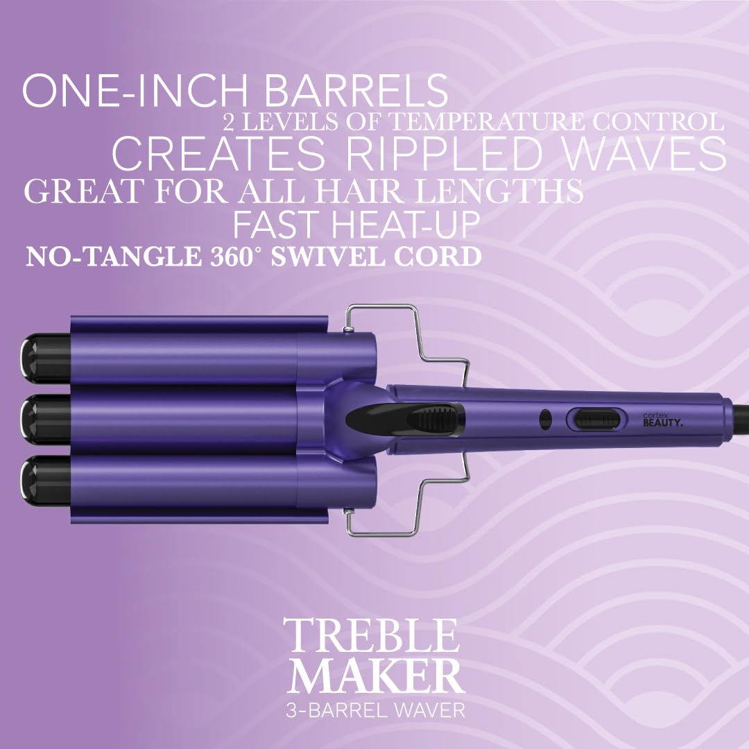 Cortex Beauty 3-Barrel Waver Hair Curler - Purple Professional Hair Styling Iron for Beach Waves & Loose Curls | Perfect for Daily Styling, Parties & Special Occasions