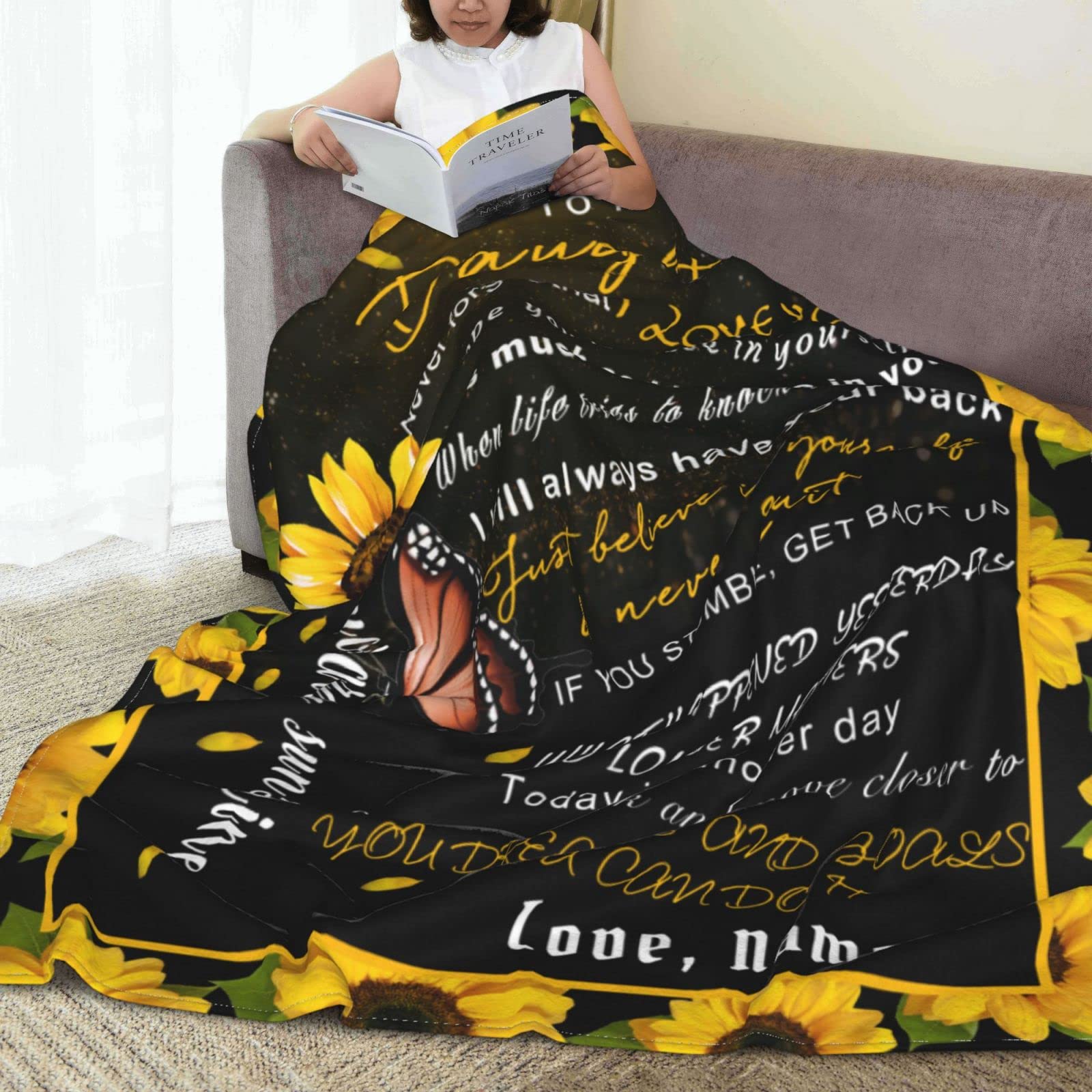 Personalized Custom Name Blanket - Love Letter to My Daughter from Dad & Mom - Butterfly Sunflower Design - 40x50 Inches Soft Fleece Throw Blanket - Perfect for Bed, Couch, Nursery & Gift Giving