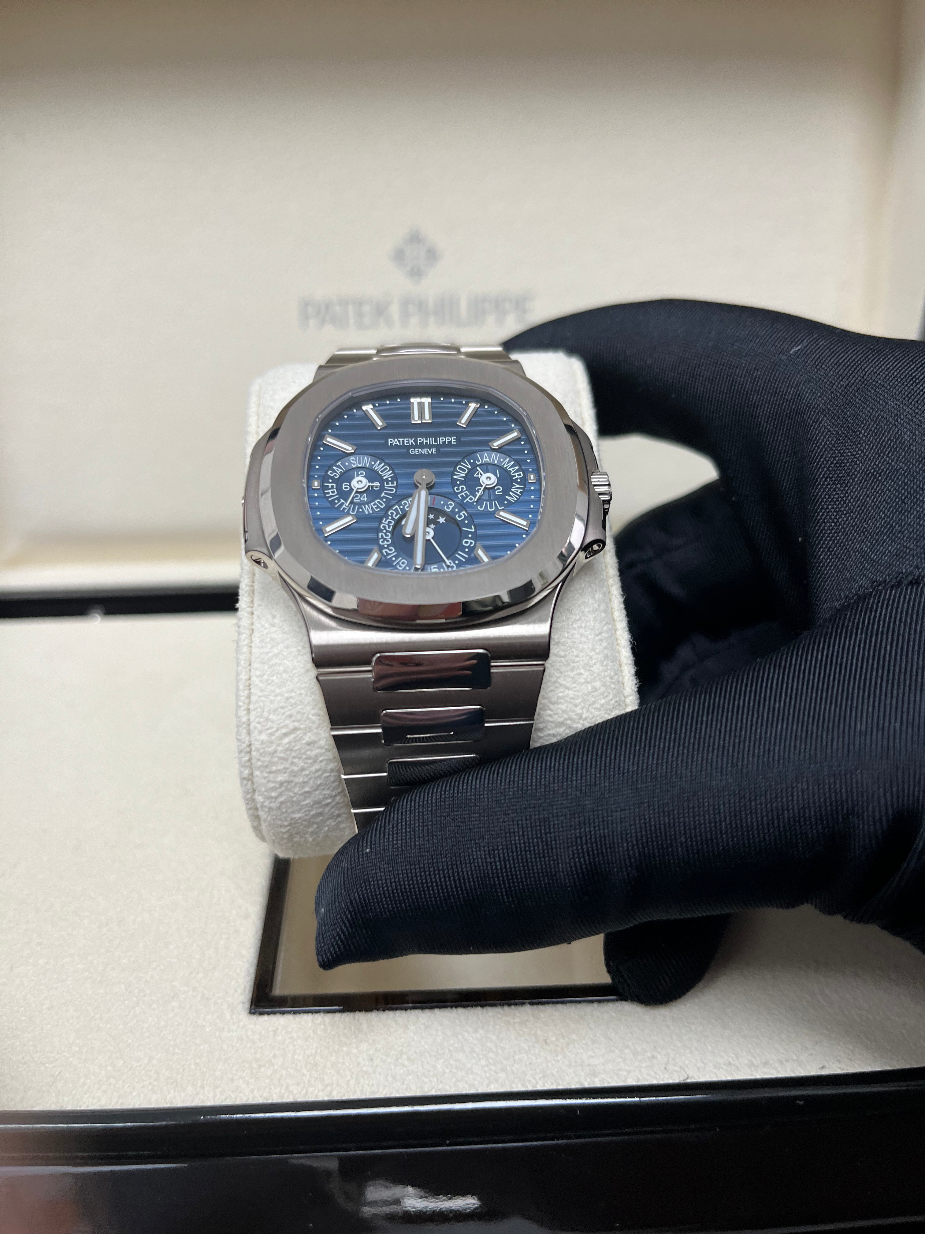 Patek Philippe Nautilus Perpetual Calendar Watch - 18K White Gold Case, Blue Sunburst Dial (Ref#5740/1G-001) | Luxury Swiss Timepiece for Men, Business Meetings & Special Occasions