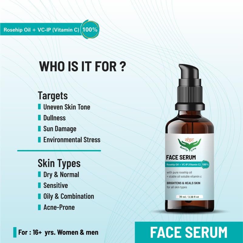 Organic Rosehip Oil with 3% Vitamin C Face Serum - Brightens, Heals & Hydrates Skin for All Skin Types | 30ml | Anti-Aging, Dark Spot Treatment & Glowing Skin Care | Perfect for Night Routine & Daily Moisturizing
