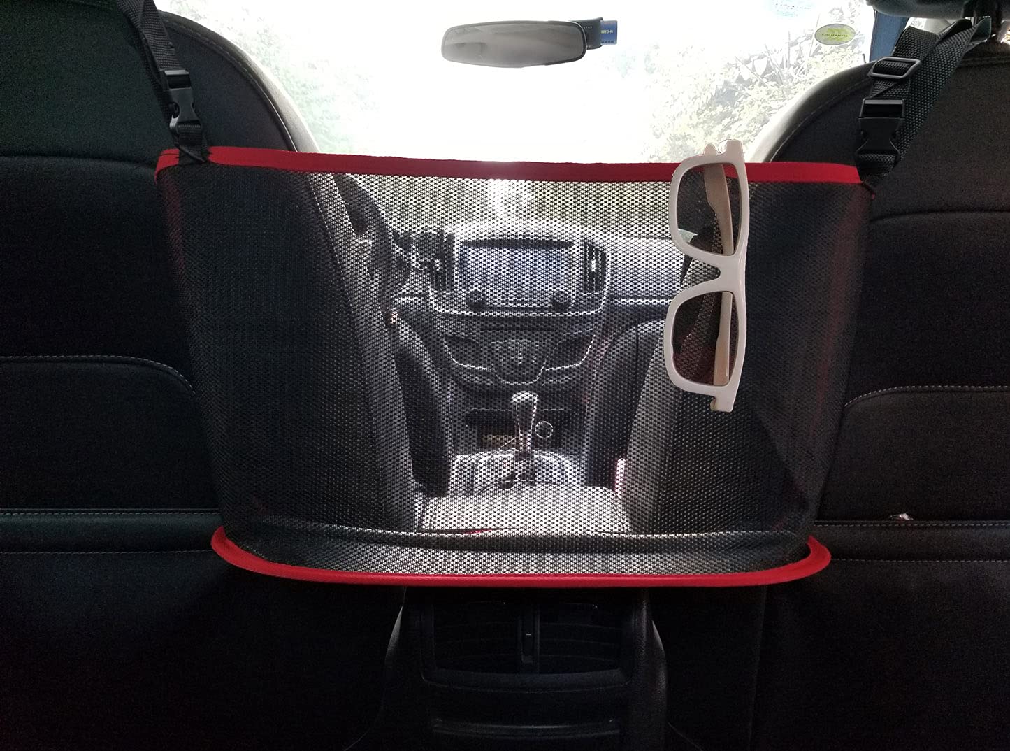 Car Net Pocket Handbag Holder - Universal Driver Storage Netting Pouch for Purses & Bags, Front Seat Organizer with Headrest Attachment (Red) - Perfect for Road Trips, Commuting & Keeping Essentials Within Reach