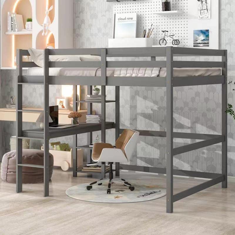**Harper & Bright Designs Full Size Loft Bed with Built-in Desk & Storage Shelves – Sturdy Solid Wood Frame for Kids, Teens & Adults (Full, Gray) – Perfect for Small Bedrooms, Dorms & Studio Apartments**