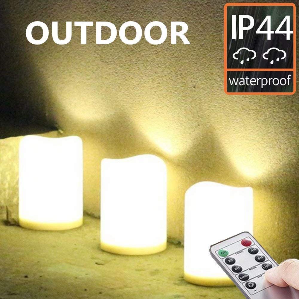 3-Pack Outdoor Waterproof LED Pillar Candles - IP44 Rated, Warm White, Flameless Battery Operated with Remote & 24H Timer - Weatherproof Plastic Design (4