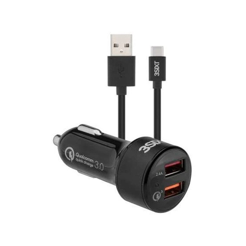 3sixT Fast Car Charger with Qualcomm Quick Charge 3.0 - Dual USB Ports & 1m USB A to C Cable - Quick Charge Your Phone on the Go - Perfect for Road Trips & Commuting