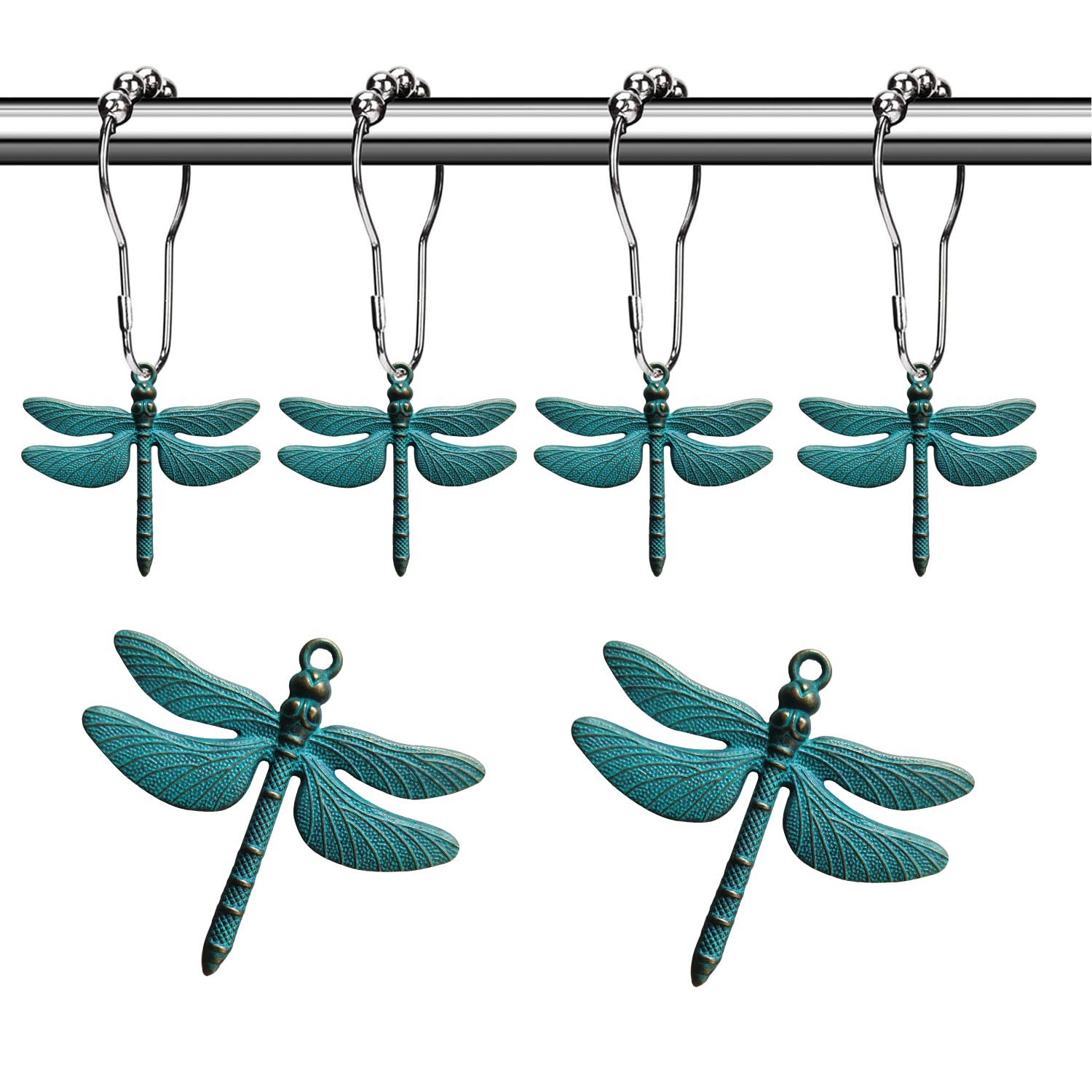 Antique Green Dragonfly Shower Curtain Hooks - Rustproof Decorative Shower Rings for Bathroom Decor, Natural Forest Garden Farmhouse Theme Accessories Set | Perfect for Vintage, Cottage & Boho Style Bathrooms