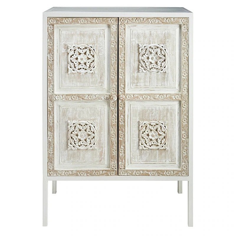 Hand Carved Floral Design Small Sideboard Cabinet with Two Doors - Vintage Style Wooden Storage Furniture for Living Room, Dining Room & Entryway