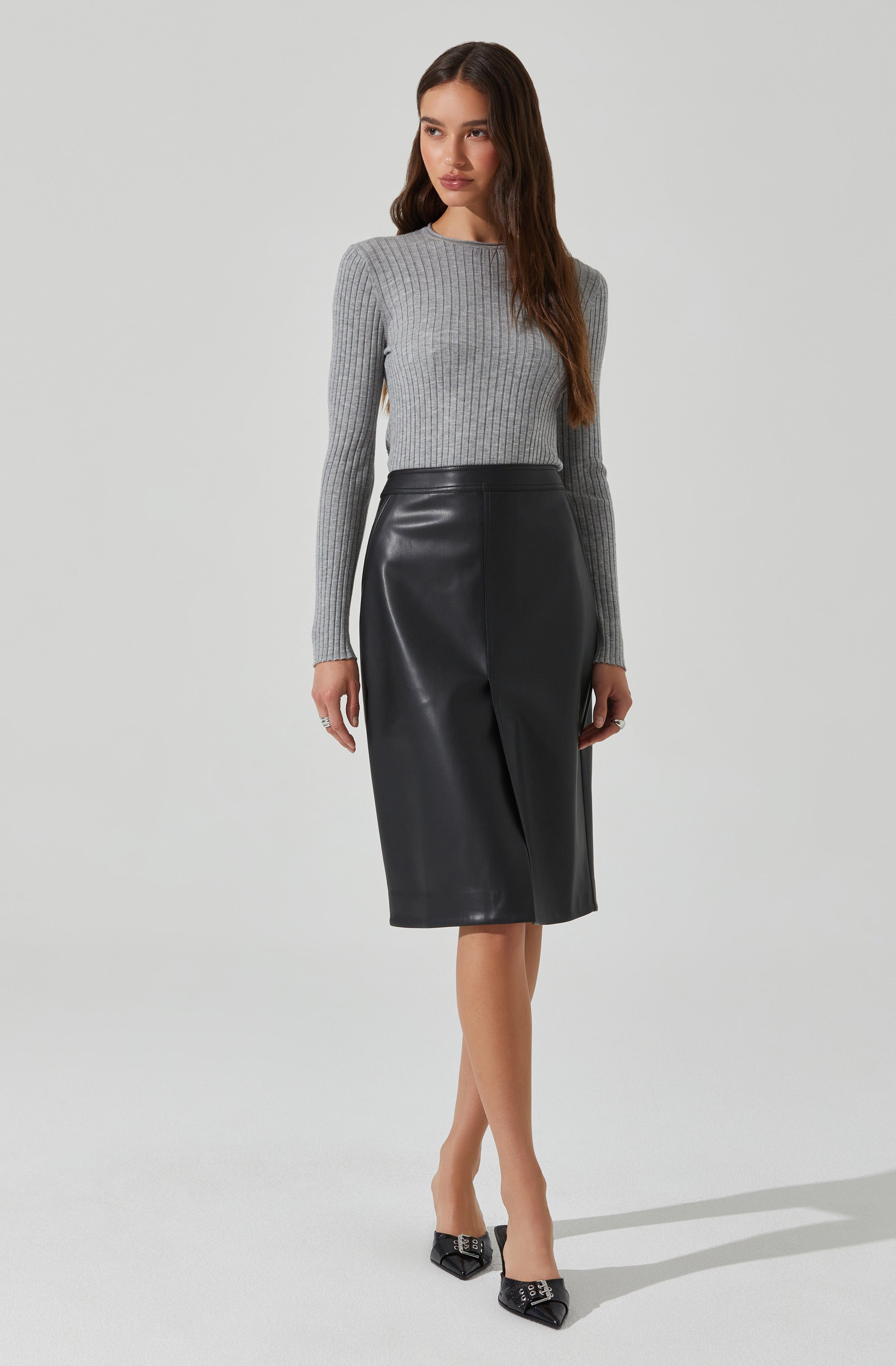 Ladonne Faux Leather Midi Skirt for Women - Stretchy High Waist Pleated Pencil Skirt - Perfect for Office, Party & Night Out