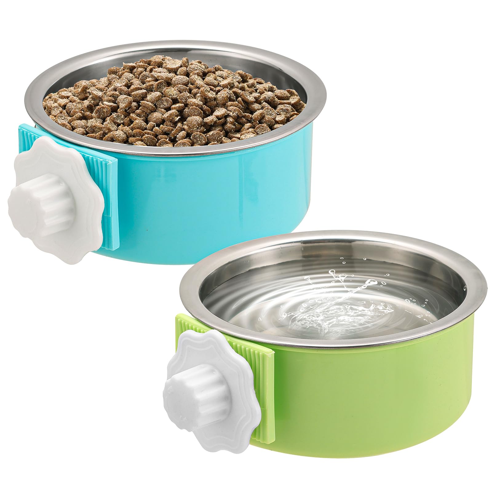 2 Pack Removable Stainless Steel Hanging Pet Bowl - Durable Dog Cat Food Water Feeder for Kennel, Cage, Coop - Perfect for Puppies, Medium Dogs, Rabbits, Ferrets & Birds (Blue & Green) - Ideal for Travel, Camping & Home Use