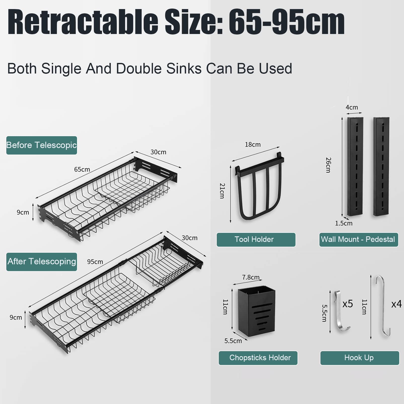 Expandable Stainless Steel Cutlery Drainer & Dish Drying Rack - Over The Sink Wall Mounted Kitchen Organizer with Utensil Holder & Hooks - Space Saving Counter Shelf for Small Kitchens, Apartments & RVs