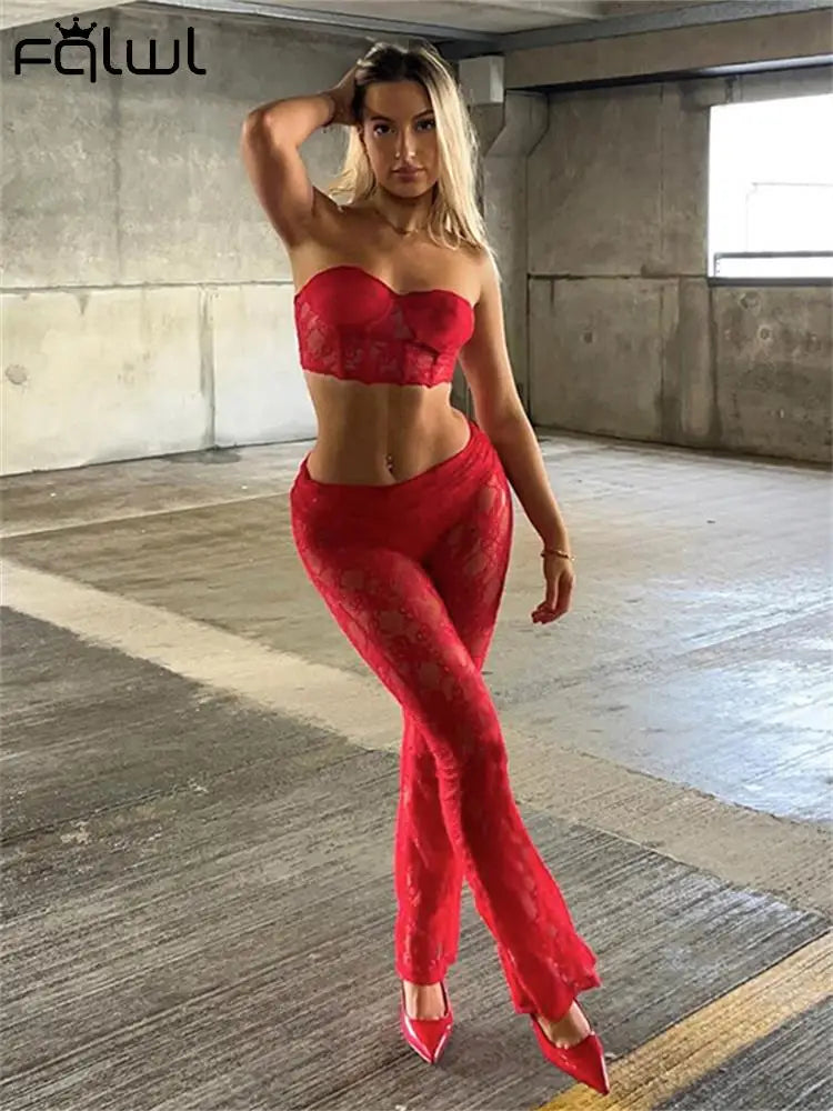 Sexy Red Lace Sheer Strapless Bodycon Crop Top & Pants Set for Women | 2-Piece Club Outfit | Perfect for Parties, Nightclubs & Date Nights | 2023 Fashion Trend