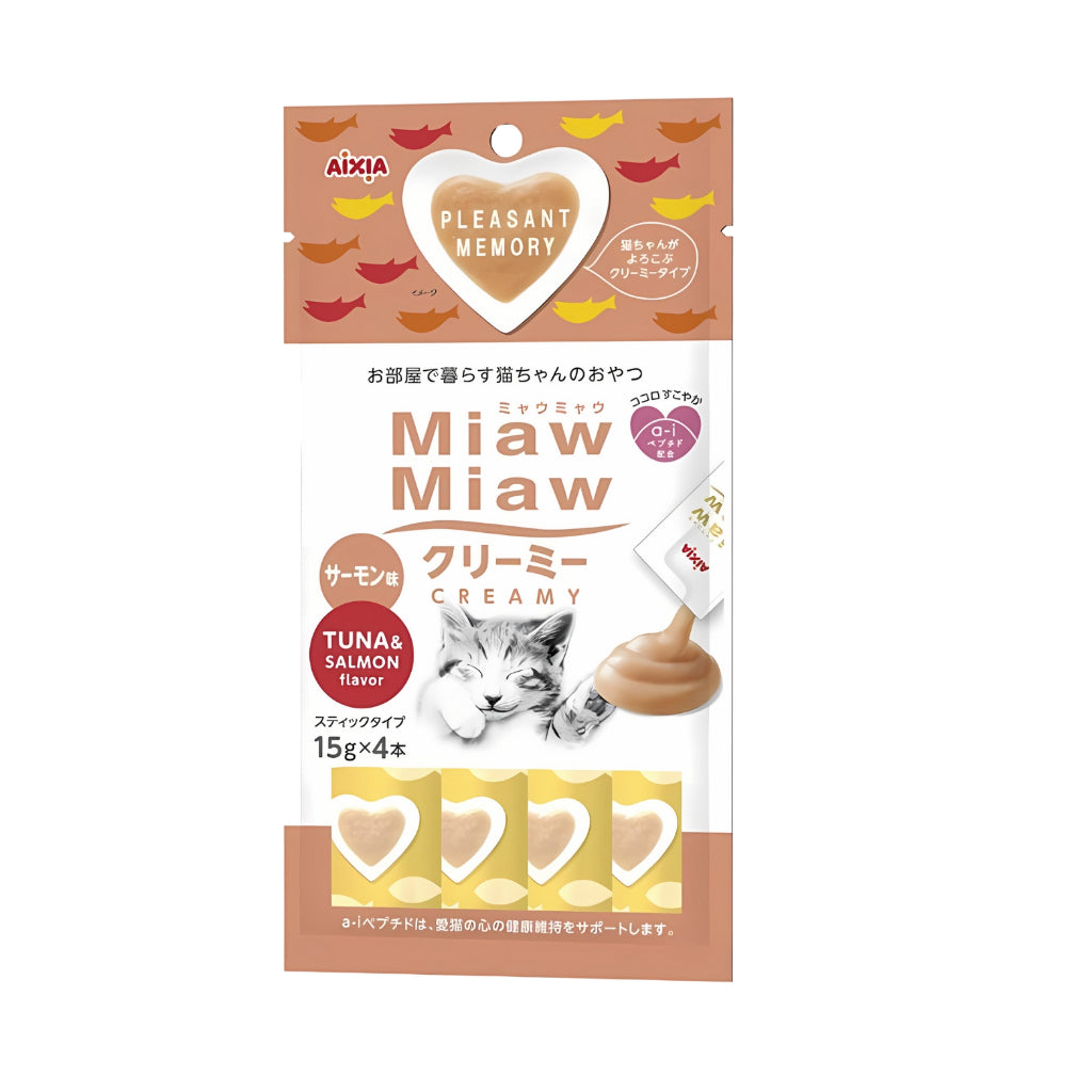 Aixia Miaw Miaw Creamy Purée Cat Treats 15g x4 Pack - Healthy & Delicious Creamy Cat Snacks for Adult & Senior Cats - Perfect for Training, Rewards or Bonding Time with Your Feline Friend