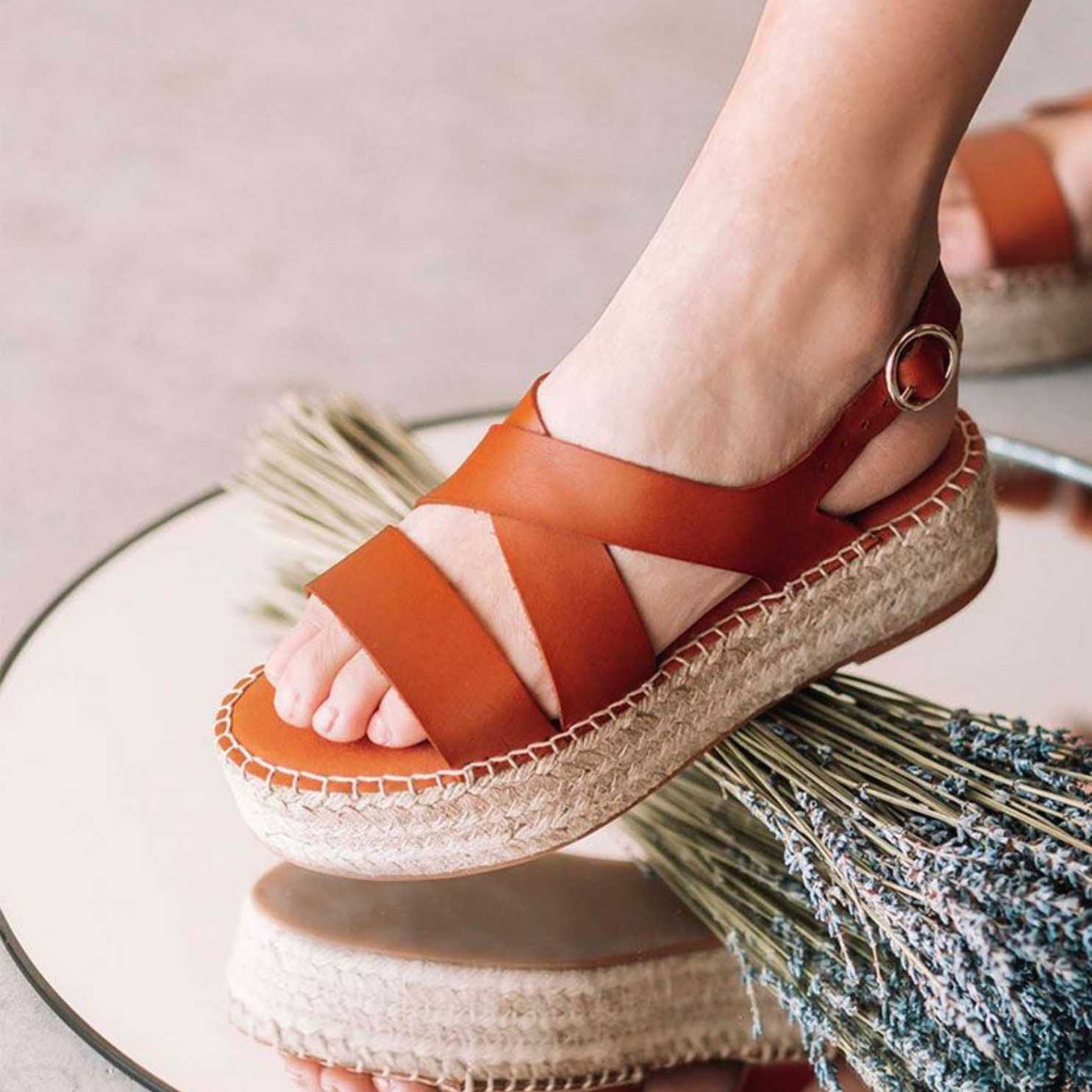 Women's Plain Leather Platform Espadrilles - Comfortable Summer Wedge Sandals for Casual Outings & Beach Vacations
