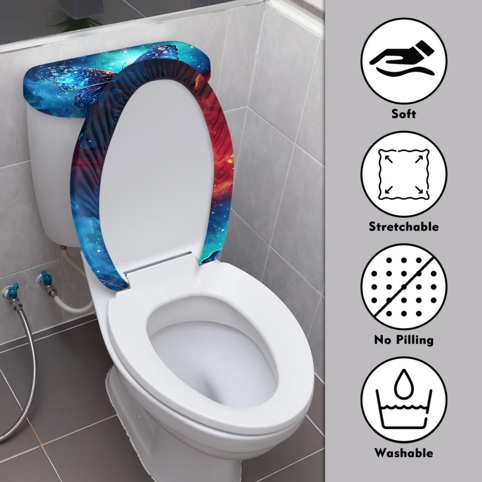 Blue Butterfly Stretchable Toilet Lid & Tank Cover Set - Non-Slip Elastic Edge Fits Round & Elongated Toilets - Bathroom Decor Upgrade for Home, RV & Guest Restrooms