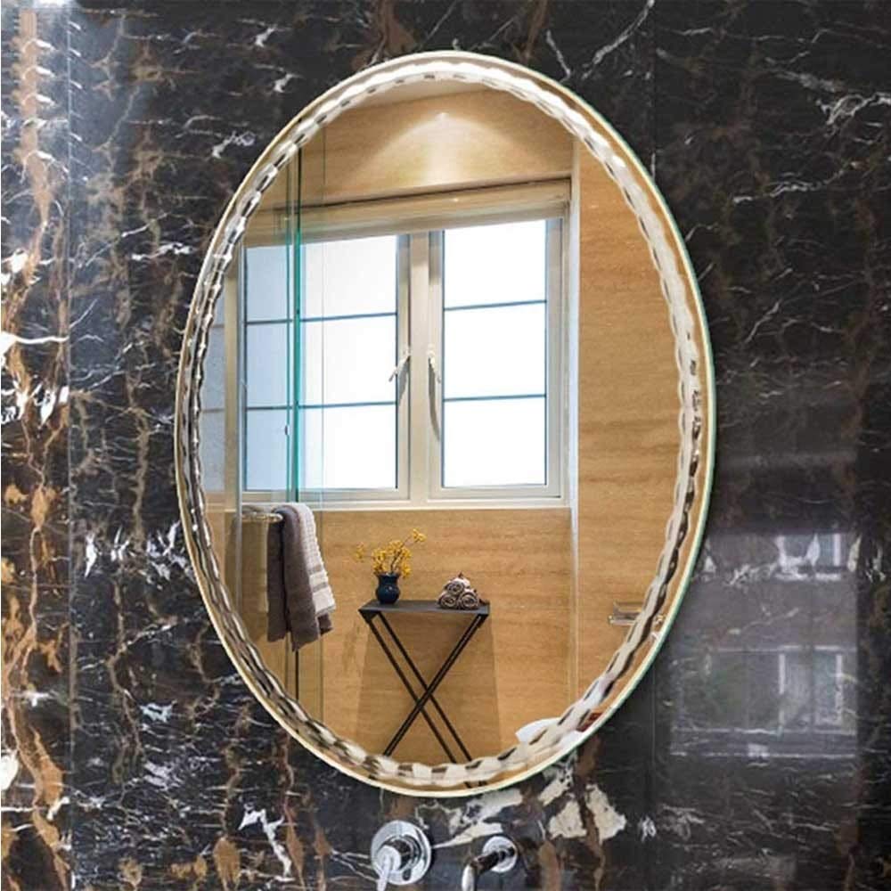 Elegant Oval Frameless Bathroom Mirror with Engraved Lace Design - 60x80cm Wall Vanity Mirror for Modern Bathrooms & Powder Rooms