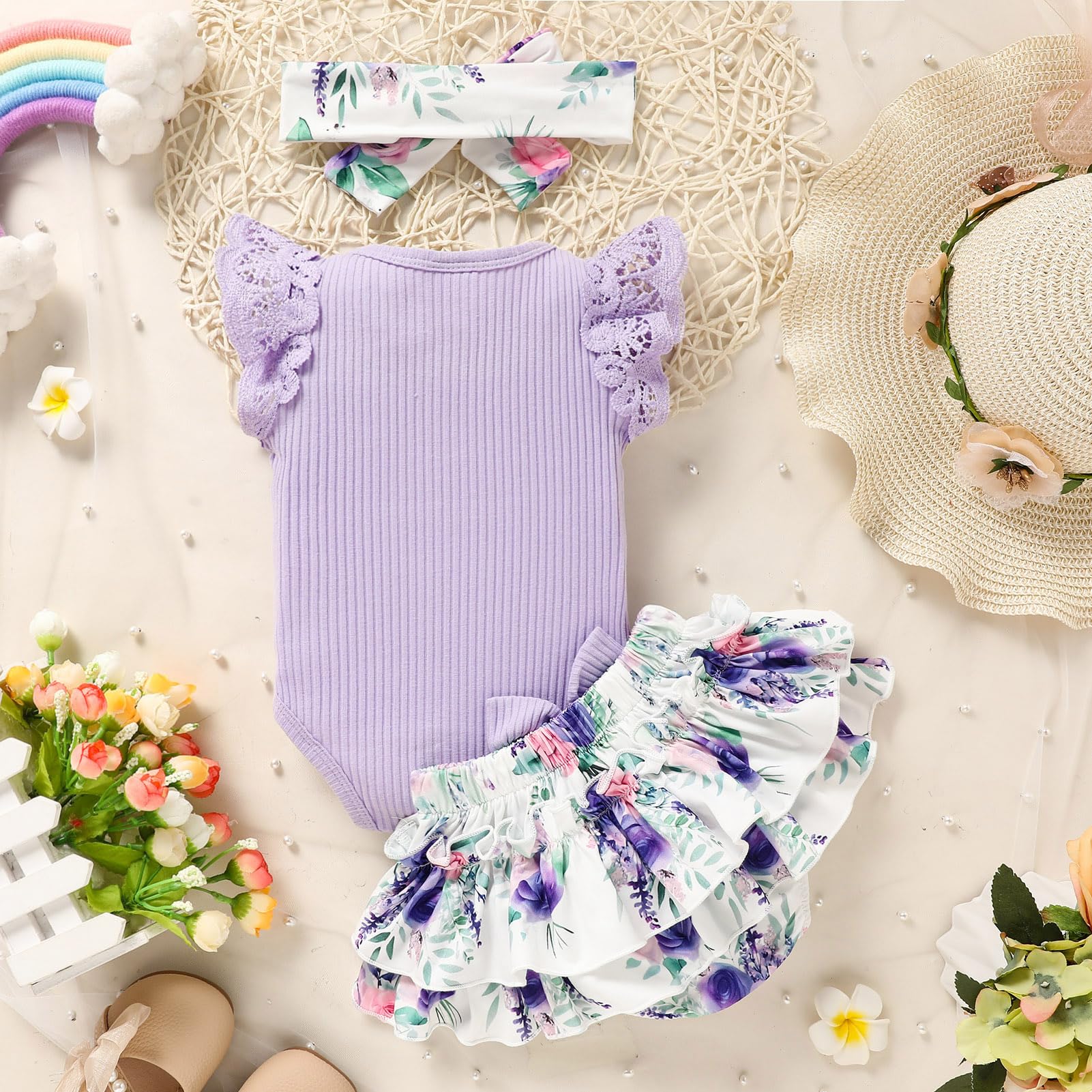 Newborn Baby Girl Clothes Set - Floral Ruffled Romper & Shorts Summer Outfit | Cute Infant Outfits for Photoshoots & Playtime