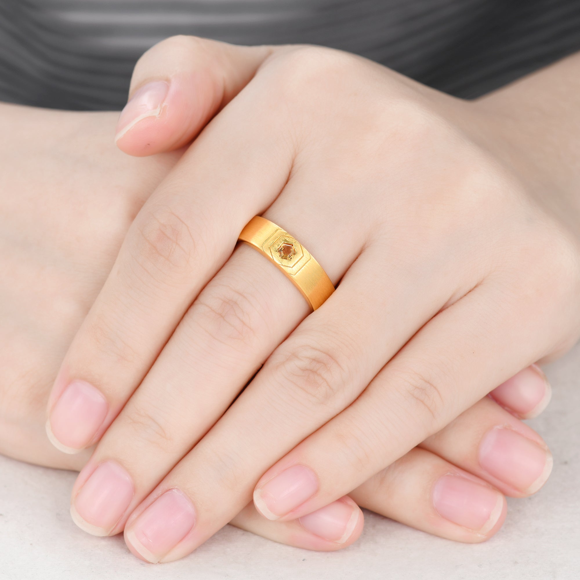14K Yellow Gold Men's November Birthstone Hexagon Citrine Wedding Band - Perfect for Anniversaries, Engagements & Gifts