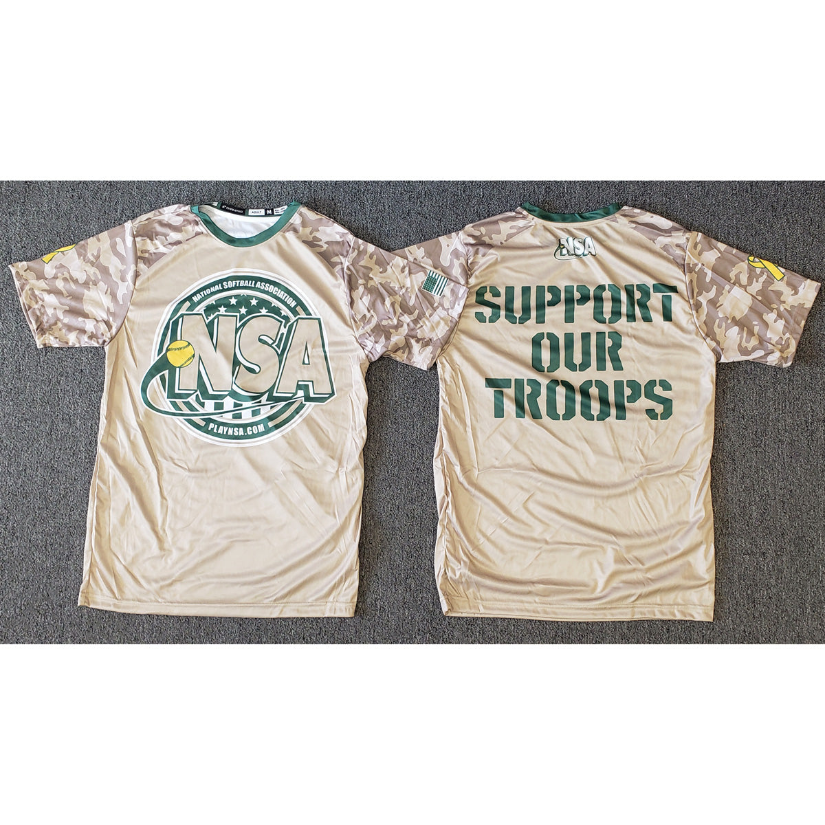NSA National Softball Association Military Apparel - Support Our Troops Sublimated Short Sleeve Performance Shirt for Baseball & Softball Fans