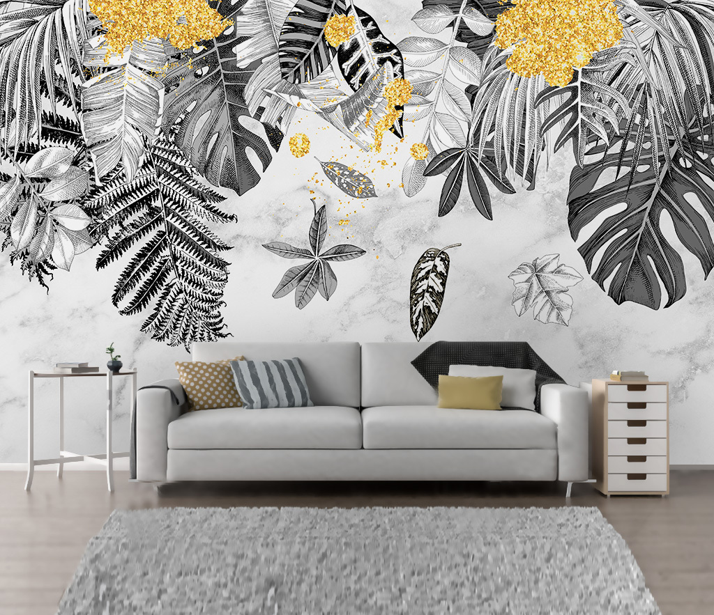 Yellow & Black Leaves Wallpaper Murals - Peel and Stick Self-Adhesive Wallpaper for Bedroom, Living Room, and Office Decor