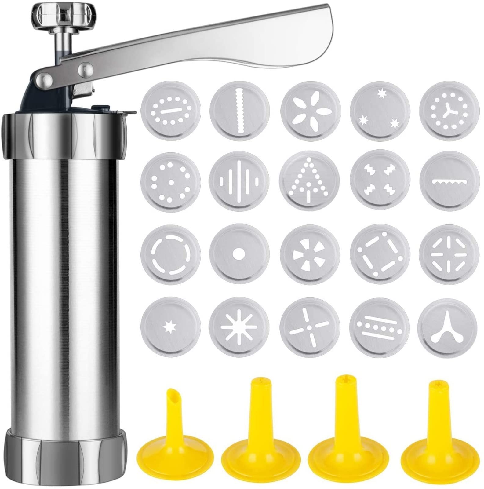 Stainless Steel Cookie Press Gun with 20 Cookie Mold Discs & 4 Piping Nozzles - Professional Biscuit Maker for Baking Cookies, Pastries, Cupcakes | Perfect for Holiday Baking, DIY Desserts & Home Kitchen Use (Silver)