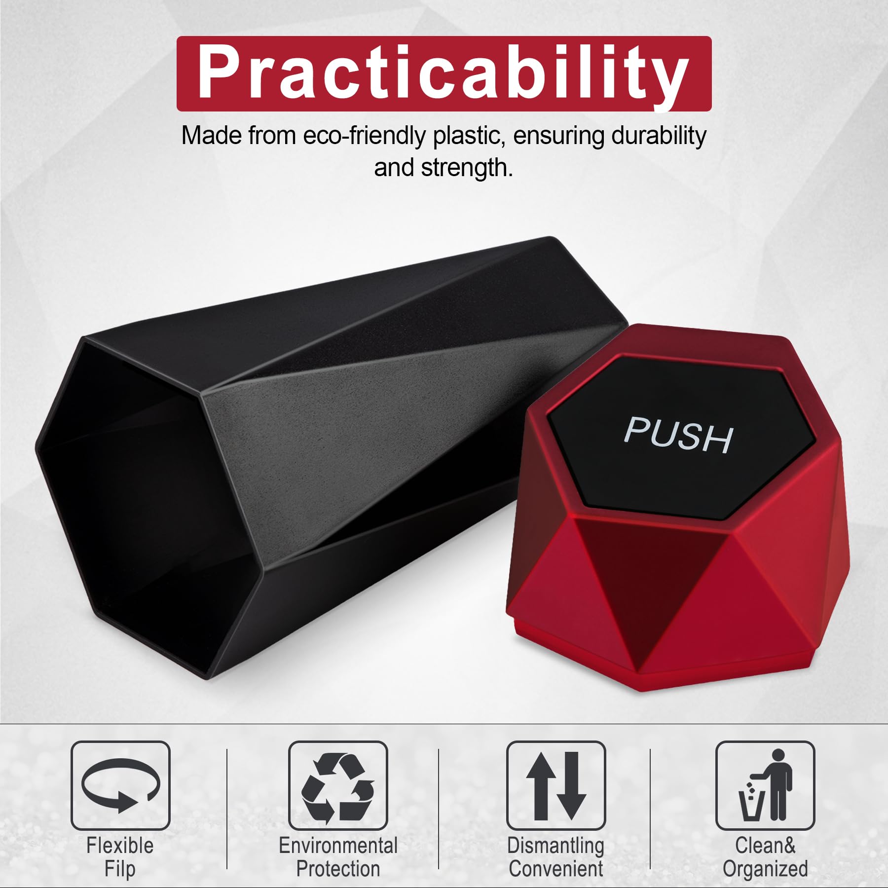 LivTee Diamond Design Car Trash Can with Lid - Small Automatic Portable Trash Bin with 4 Car Purse Hooks - Interior Car Accessories for Women & Men (Red) - Perfect for Road Trips, Commuting & Keeping Your Vehicle Clean