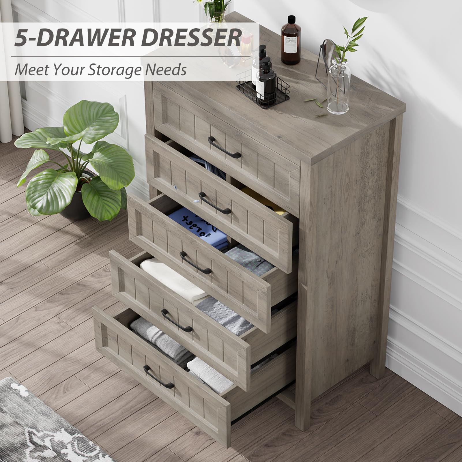 5-Drawer Farmhouse Dresser for Bedroom - Tall Grey Wooden Chest of Drawers with Deep Storage | Perfect for Living Room, Hallway & Entryway Organization (Grey, 5 Drawer) | Ideal for Small Space Storage & Home Decor