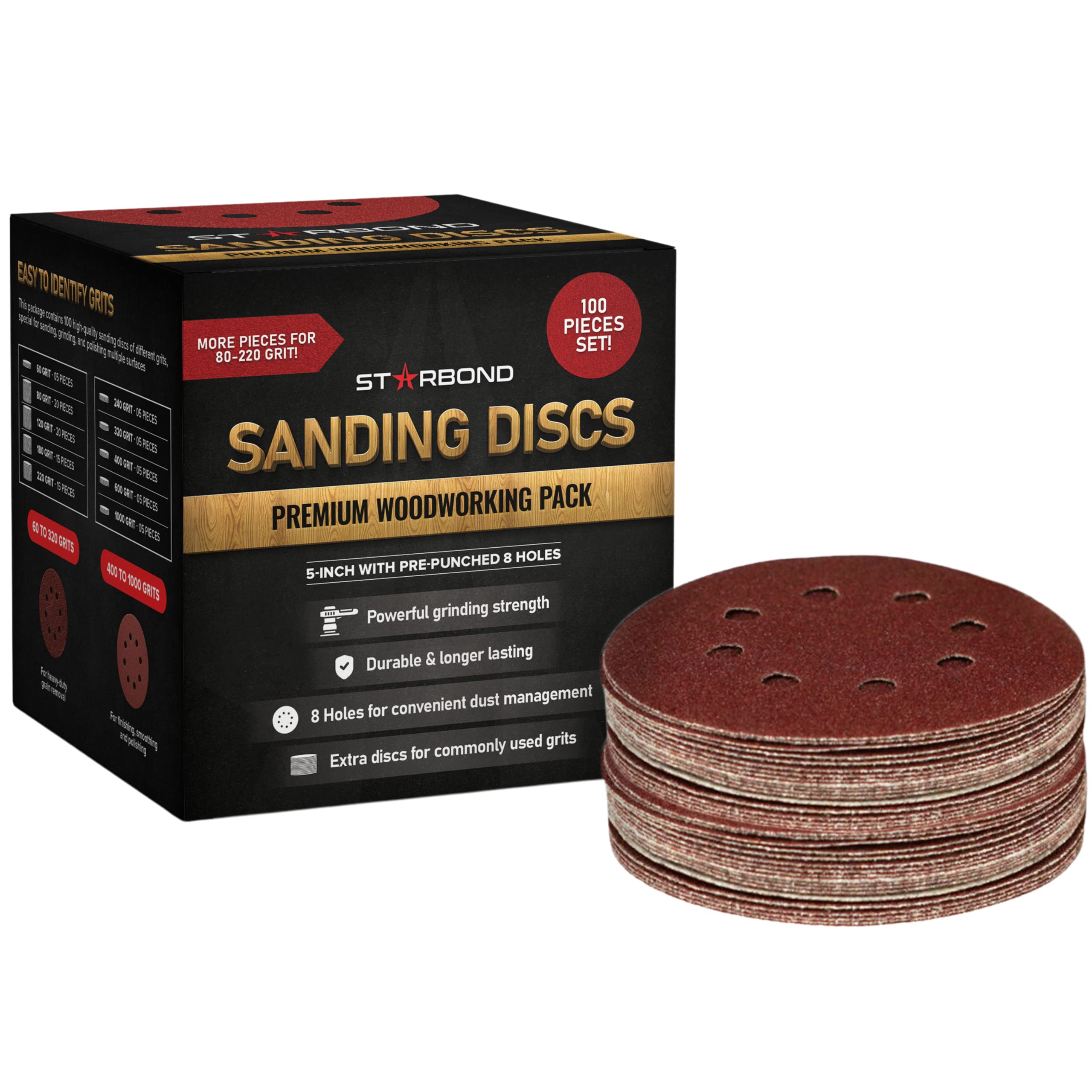 Premium 5-Inch 8-Hole Sanding Discs Assortment (60-1000 Grits) - 100 Pack for Random Orbital Sander | Wood Sanding, Metal Polishing & DIY Projects | Fine Finish & Professional Results