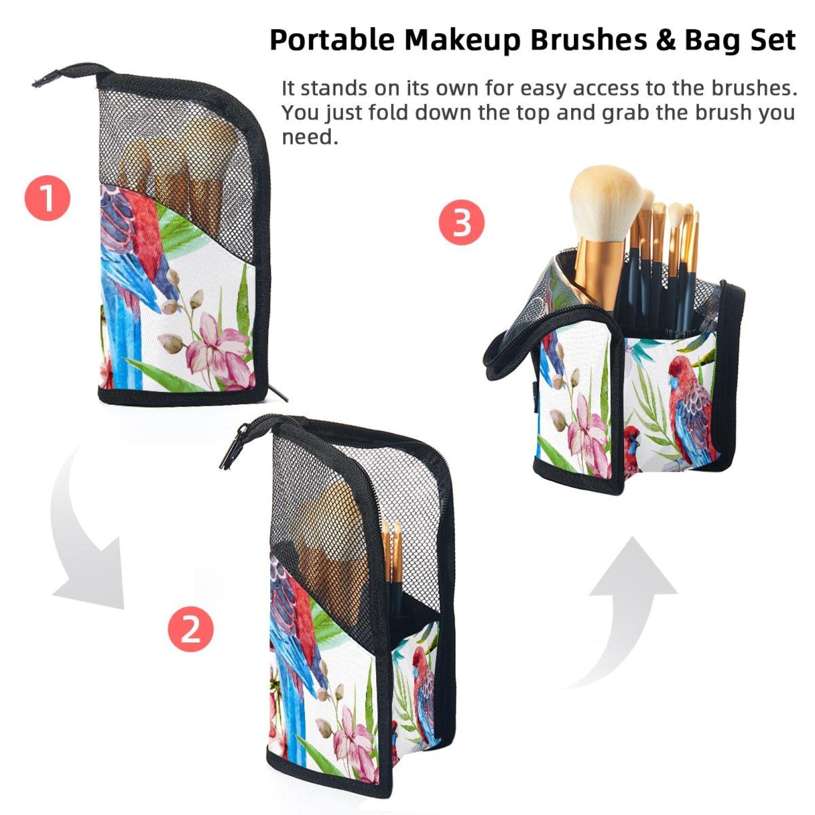 12-Piece Makeup Brush Organizer Bag with Parrot Tropical Flower Design - Portable Cosmetic Brush Holder Case for Travel, Home & Professional Makeup Artists