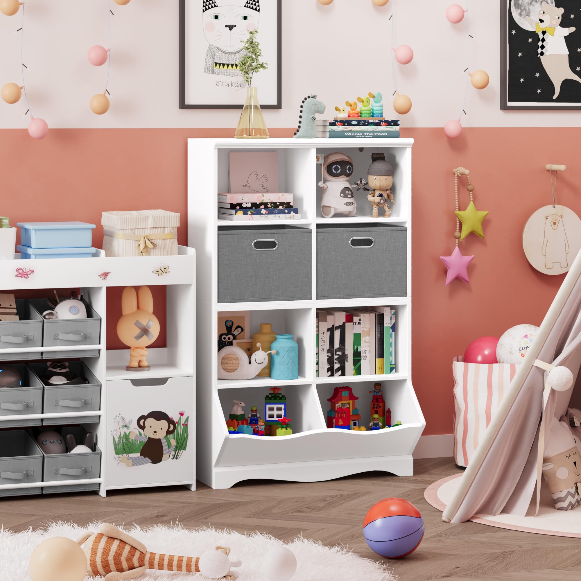 White Toy Storage Organizer with 2 Bins & 8 Cubbies - Kids Bookcase & Bookshelf for Boys & Girls - Perfect for Toddler Room, Playroom & Nursery Organization - Durable Children's Storage Cabinet for Toys & Books
