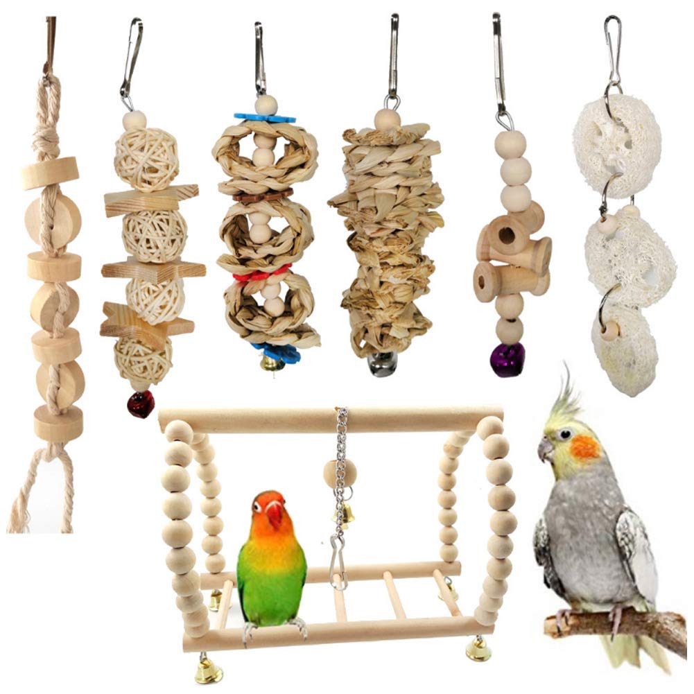 7Pcs Bird Parrot Swing Toys Set - Chewing, Standing, Hanging Perch & Hammock Climbing Ladder for Parrots, Hamsters, Rats - Durable Cage Accessories for Small Pets - Perfect for Playtime, Exercise & Mental Stimulation